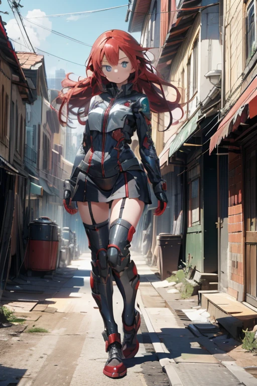 1girl, long red hair, blue eyes, wearing full body sci-fi suit, city, absurdres, high res, ultrasharp, 8K, masterpiece, full body, looking at viewer, zoom out 1.5x