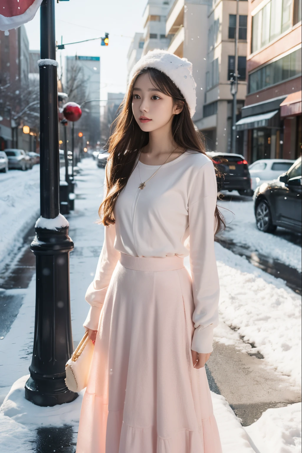 1 girl , half body shot, long hair, light pink shirt, white long skirt , christmas, snowing, street view, sunlight.