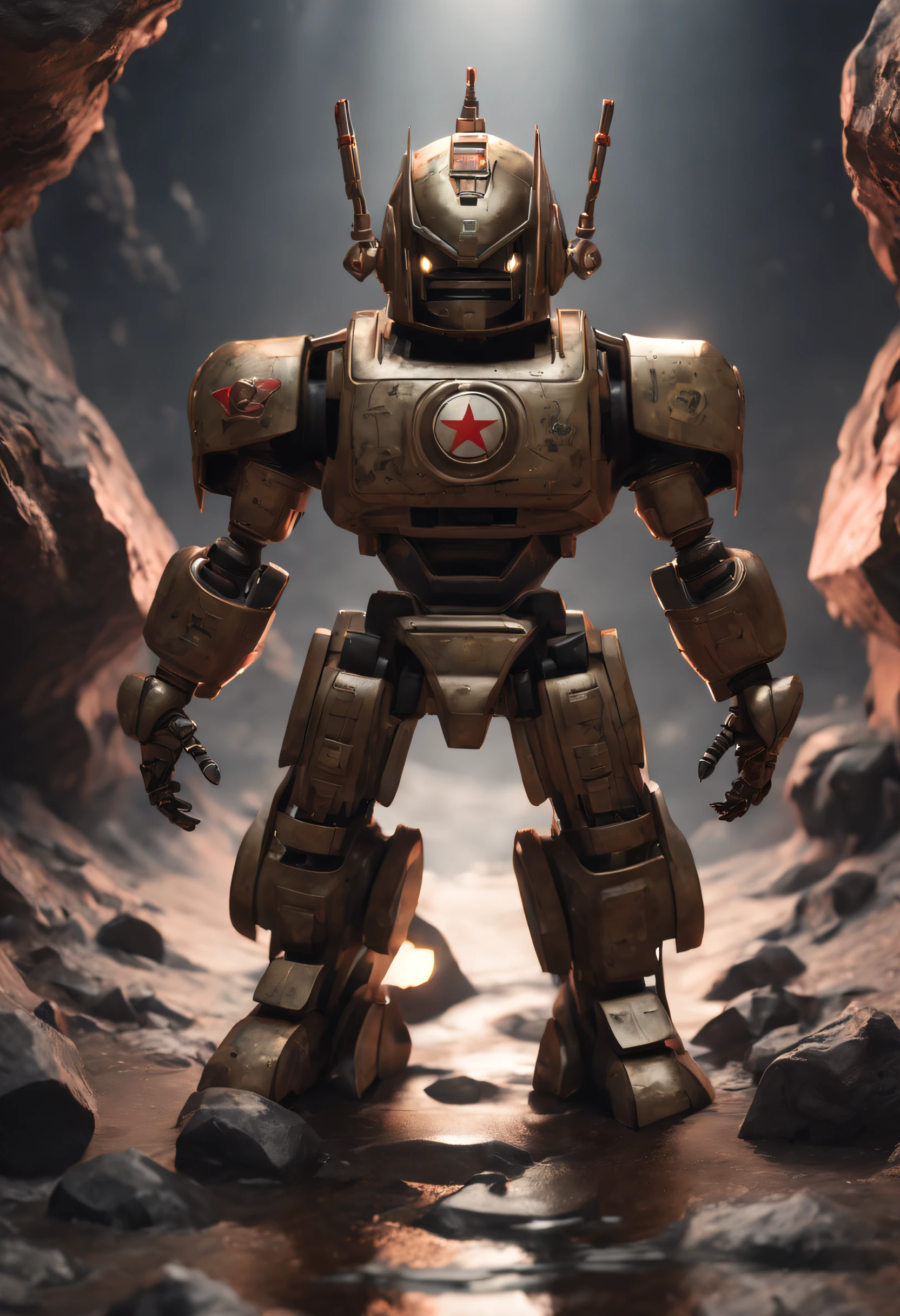 Un toon moderno, loco con un Big ONE, un robot de solo ojo y tatoo, CCCP, soviet, y casco Estilo, Pinzas en las manos, Cabeza de TV, cabeza de alfiler, camuflaje Oro Plata Rosa Oxidado, Atmosphere in the crater of a super-detailed meteorite, centro, Beautiful, Soft lighting, Centrado en el personaje, 4k-resolution, Photorealistic rendering,