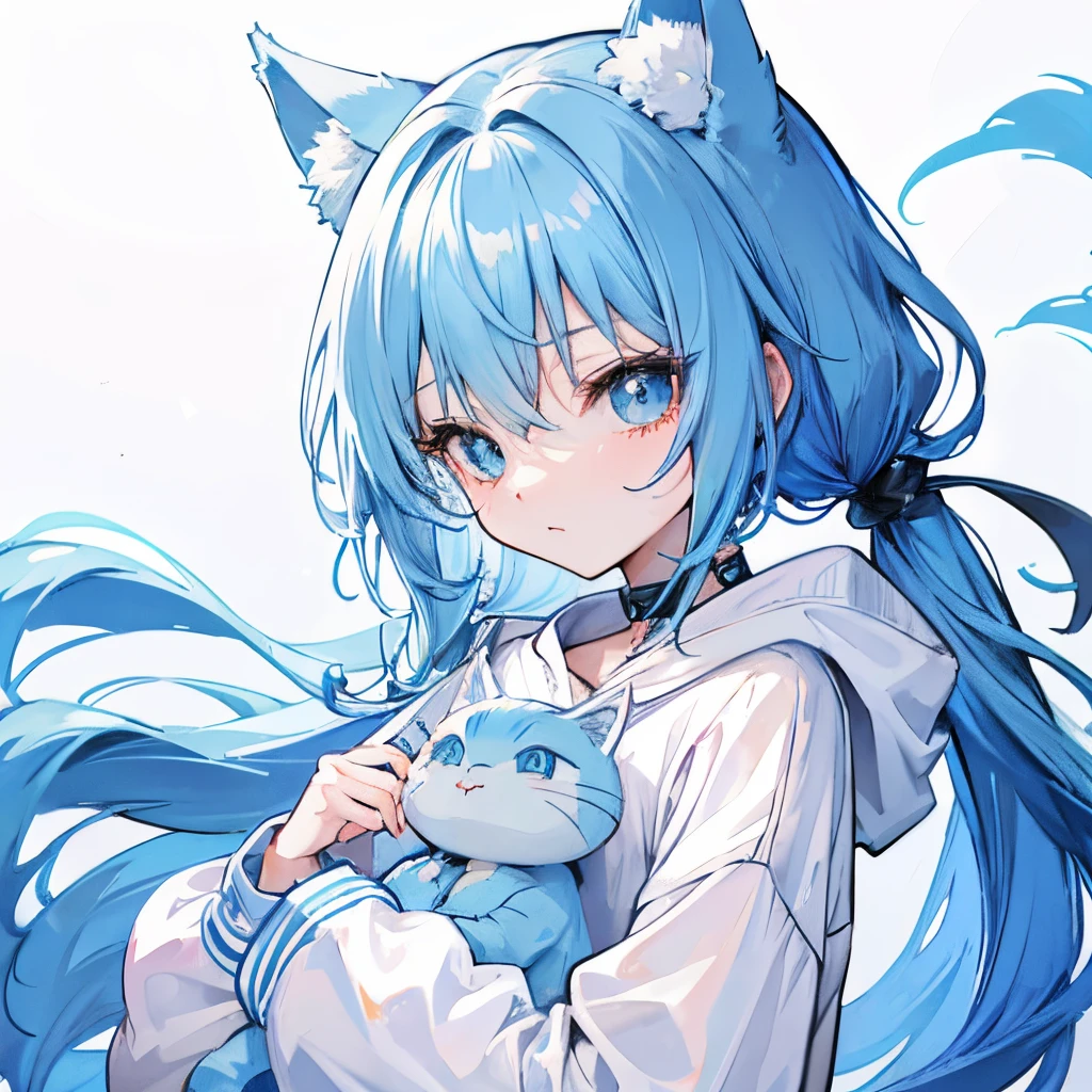 long blue hair,Cute sweatshirt,Littta,gentle expressions,cat ear,Heteropupil