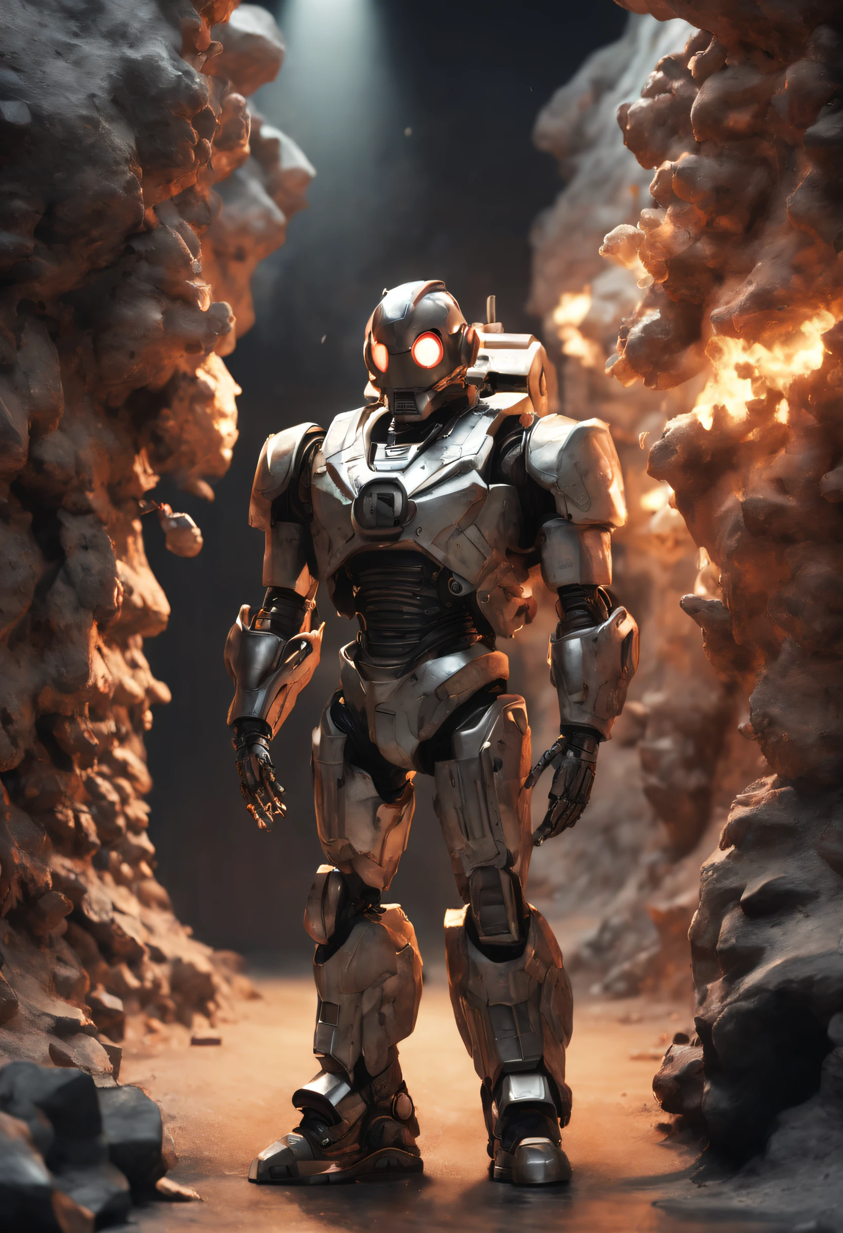 Un toon moderno, loco con un Big ONE, un robot de solo ojo y tatoo, CCCP, soviet, y casco Estilo, Pinzas en las manos, Cabeza de TV, cabeza de alfiler, camuflaje Oro Plata Rosa Oxidado, Atmosphere in the crater of a super-detailed meteorite, centro, Beautiful, Soft lighting, Centrado en el personaje, 4k-resolution, Photorealistic rendering,