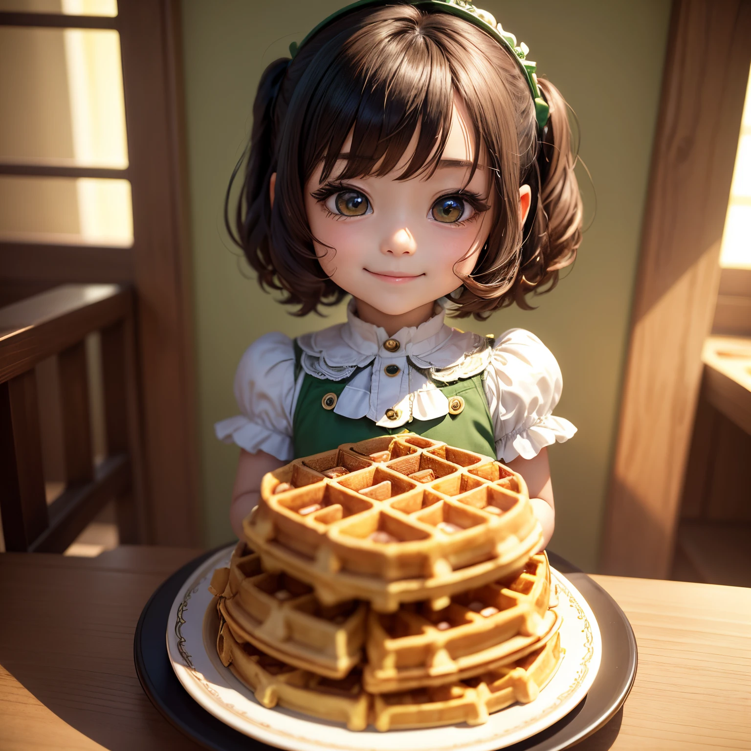 ​masterpiece、top-quality、ultra-detailliert、(Chibi Chara's Daughter:1.2)、green bob、(waffle:1.2)With、Many waffles on Noritake plate、a smile、renaissance dress、