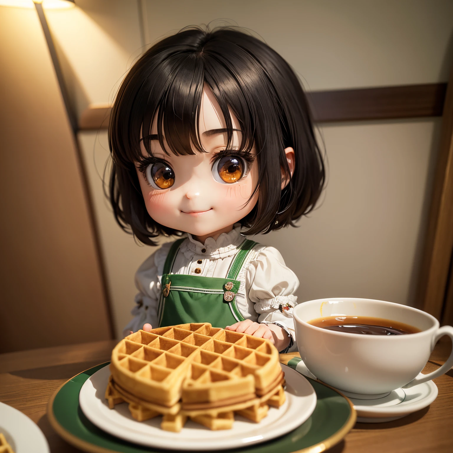 masterpiece、top-quality、ultra-detailliert、(Chibi Chara's Daughter:1.2)、green bob、(waffle:1.2)With、Many waffles on Noritake plate、a smile、renaissance dress、