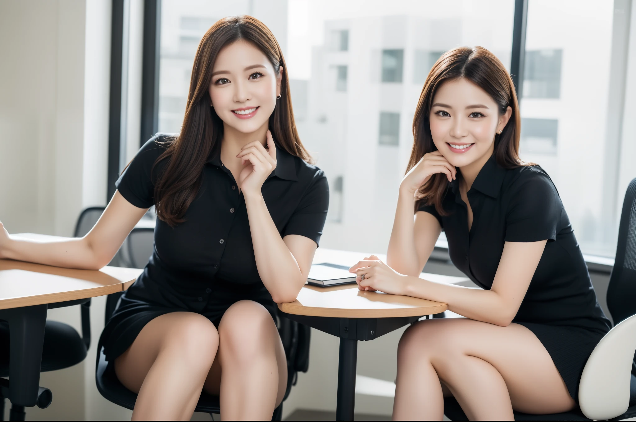 ((Best Quality, 8k, Masterpiecedetails, ultra-high resolution)), (looking at the viewer), (full shot:), attractive business 5 milfs, 5 people, a bit chubby:0.25, white collared shirt, grey skirt, (sitting with open legs on office desks)), smile, office of CEO,