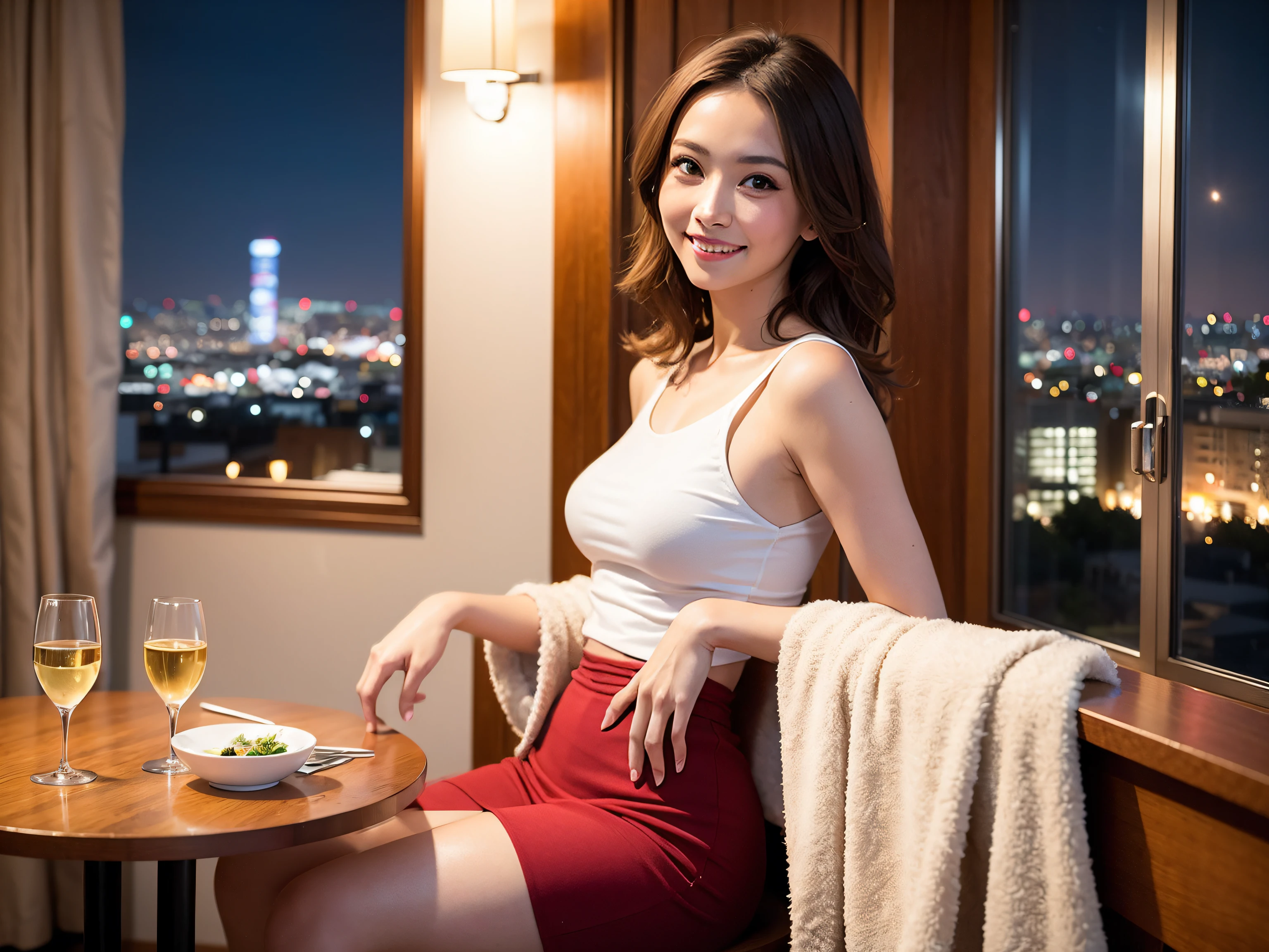 (64K, UHD, top quality, masterpiece: 1.2), (realistic, photorealistic: 1.37), super detailed, pretty woman 1, (slim face), (slim body), (brown hair), (short cut), cheeks slightly blushing, (40 years old), 38 years old, solo, beautiful detailed urban night view outside the window, restaurant, wine glass sitting, at night, in a prominent place (from the waist up) NovaFrogStyle, Actress, Model, Waist Up, White Wine, Slim, Wine Glass, Super Clean Night View, Wine Glass Put in the Middle, Happy Smile, (Smile: 1.15), Beautiful Fine Eyes, Upper Body, Bust Japan Up, Night, Short, Short, Actress, Model, Waist Up, White Wine, Slim, Wine Glass, Super Clean Night View, Wine Glass Put in the Middle, Happy Smile,