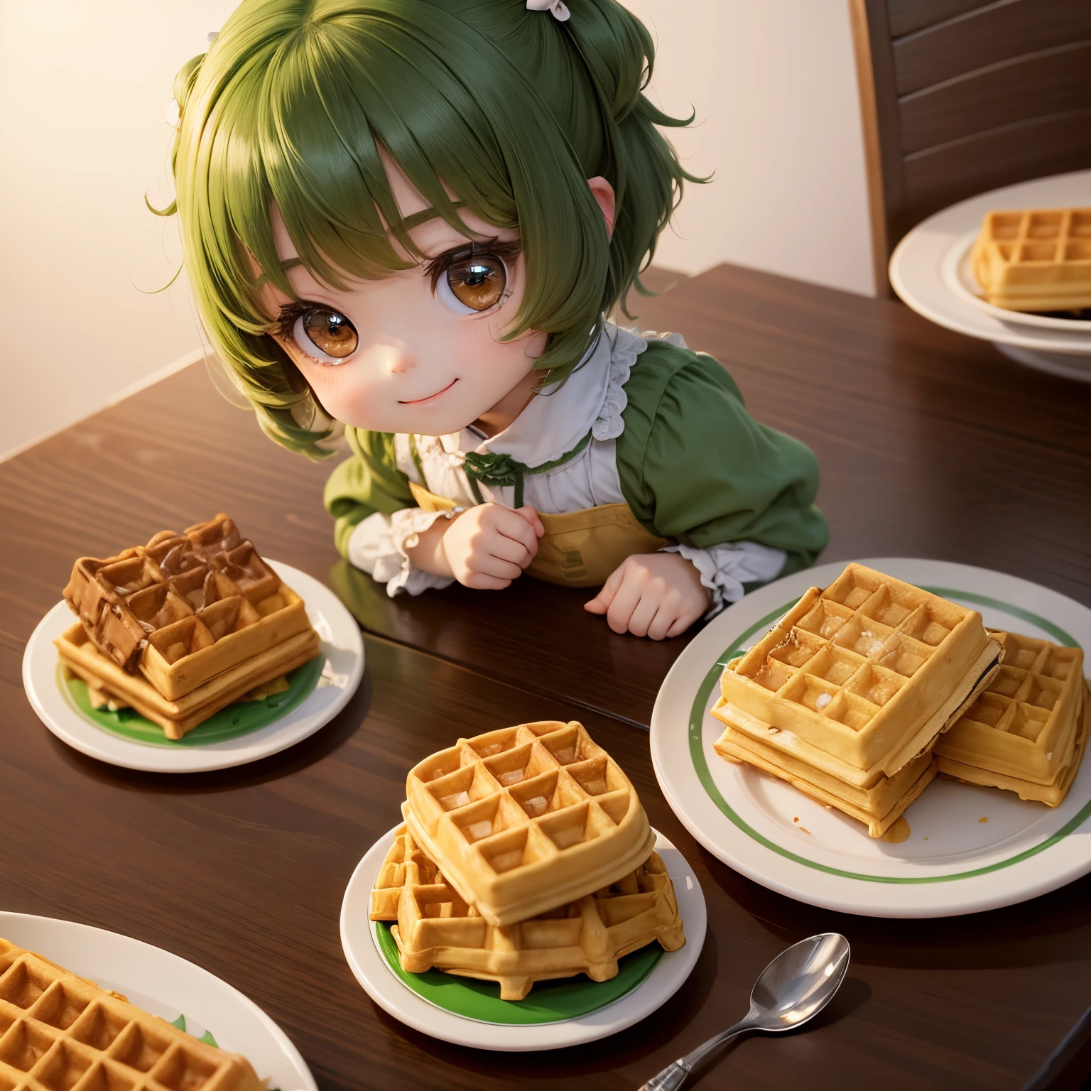 masterpiece、top-quality、ultra-detailliert、(Chibi Chara's Daughter:1.2)、green bob、(waffle:1.2)with、Many waffles on Noritake plate、coffee cup、A smile、Renaissance Dresses、