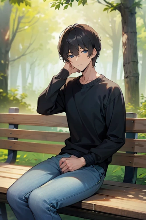 masterpiece, best quality, high quality, 1boy, solo, male focus, looking at viewer, upper body, mugi_awaya, Curly short hair, blue eyes, beautiful eyes, black hair, ,long black sweater, long jeans, hiking shoes, soft smile, adult man, sit on a wooden bench, tall body, adult body, slightly muscle, legs