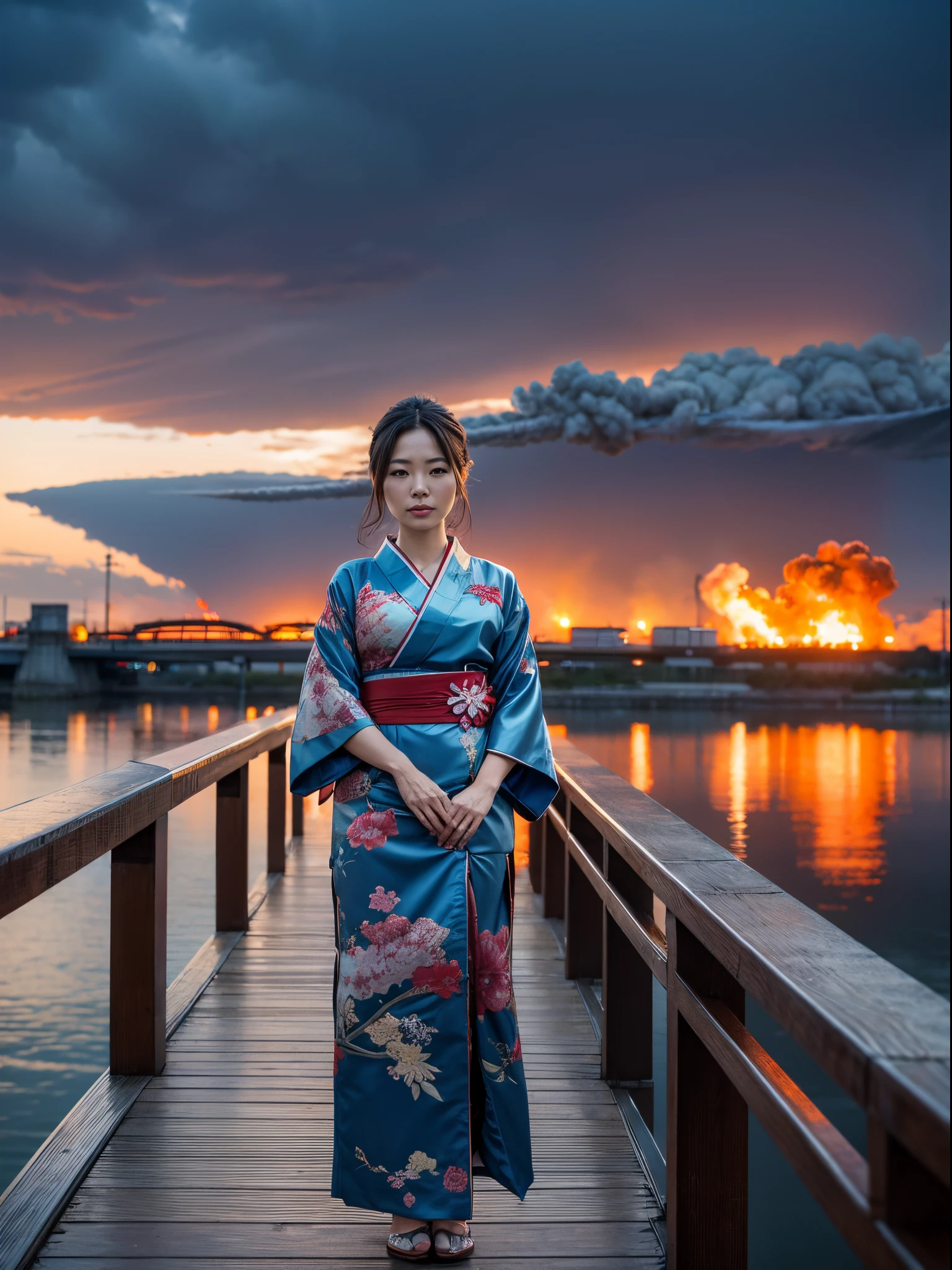 A beautiful Japanese woman, standing on a bridge, she is wearing a silk blue kimono she is sad, the sky is red and stormy, a city in the distance on fire, (atomic Bomb Explosion in the sky) (portrait view)