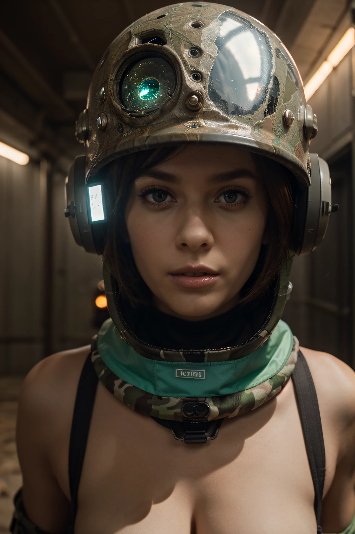 A Modern flat toon Crazy whit a Big ONE a Only Eye Robot and helmet Style, like Madonna, tongs in hands, Tv head, pinhead, camouflage Pink Light Green Rusty, Ambient in a meteorite crater super detailed, center, beautiful, soft lighting, focused on the character, 4K resolution, photorealistic rendering,