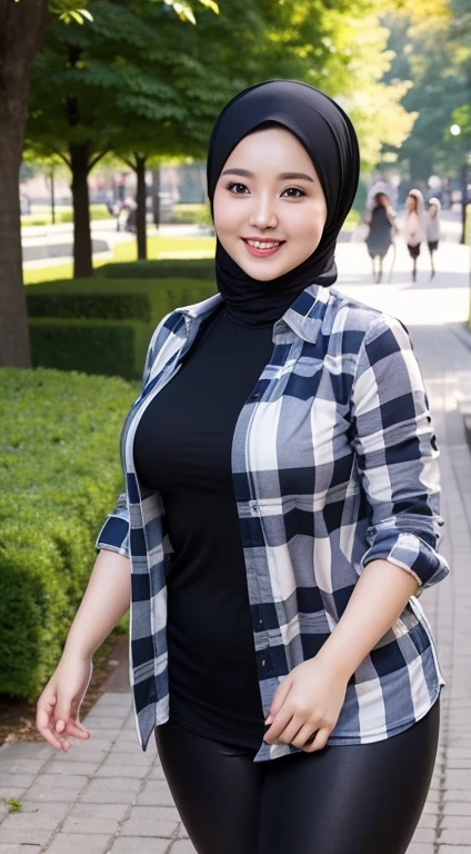the best masterpiece, chubby hijab woman, beautiful Asian face, full breasts, wearing a checkered shirt, wearing black leggings, walking in the city park, smiling sweetly, facial details, body details, ultra detailed, realistic quality