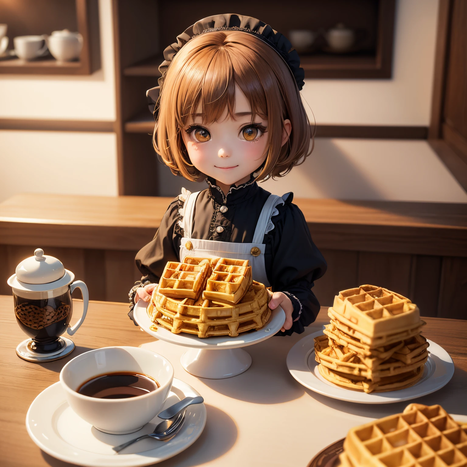 masterpiece、top-quality、ultra-detailliert、(Chibi Chara's Daughter:1.2)、green bob、(waffle:1.2)Eat、Multiple waffles on Noritake plate、Coffee Cup、A smile、Renaissance dresses、