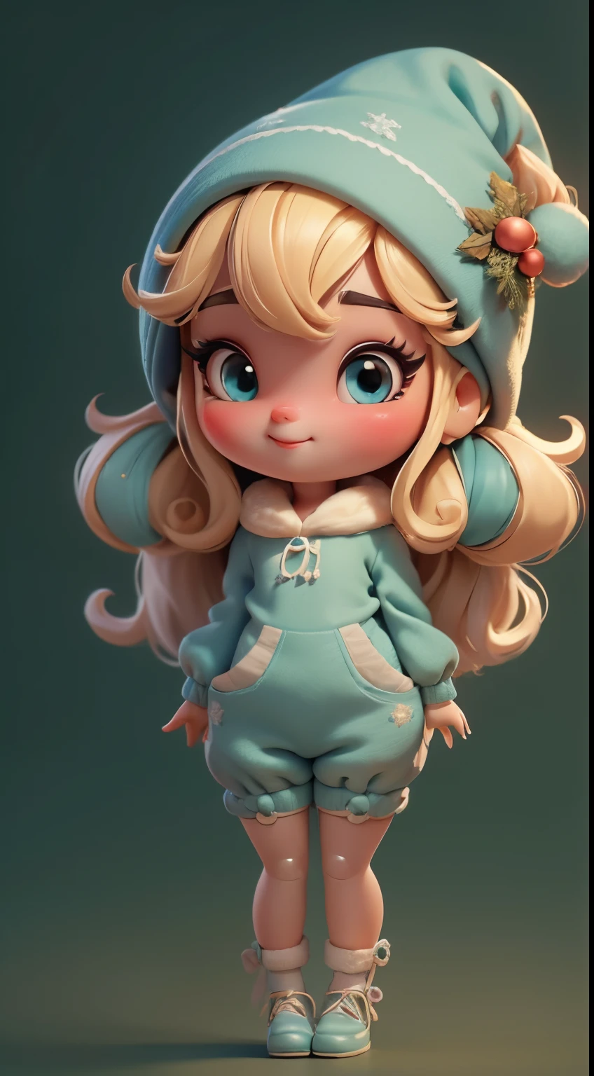 Create a series of bibble style dolls with a cute Christmas theme, sorridente e fofo, each with lots of detail and in an 8K resolution. All dolls should follow the same solid background pattern and be complete in the image, mostrando o (corpo inteiro, incluindo as pernas: 1.5)
Boneco Natal: Chame-a de Beto. Ela deve ter cabelos em tons coloridos e natalinos. Seus olhos devem ser grandes e brilhantes, with long eyelashes and rosy cheeks. Must be dressed in a jumpsuit in Christmas tones. She should wear a hat and have Christmas accessories on hand, while in the other has nothing. Don't forget the details, com detalhes coloridos e enfeites encantadores, sapato bonito
Certifique-se de adicionar sombras, texturas e detalhes nos cabelos, roupas, Cute accessories of each doll, to make them even more adorable and charming.