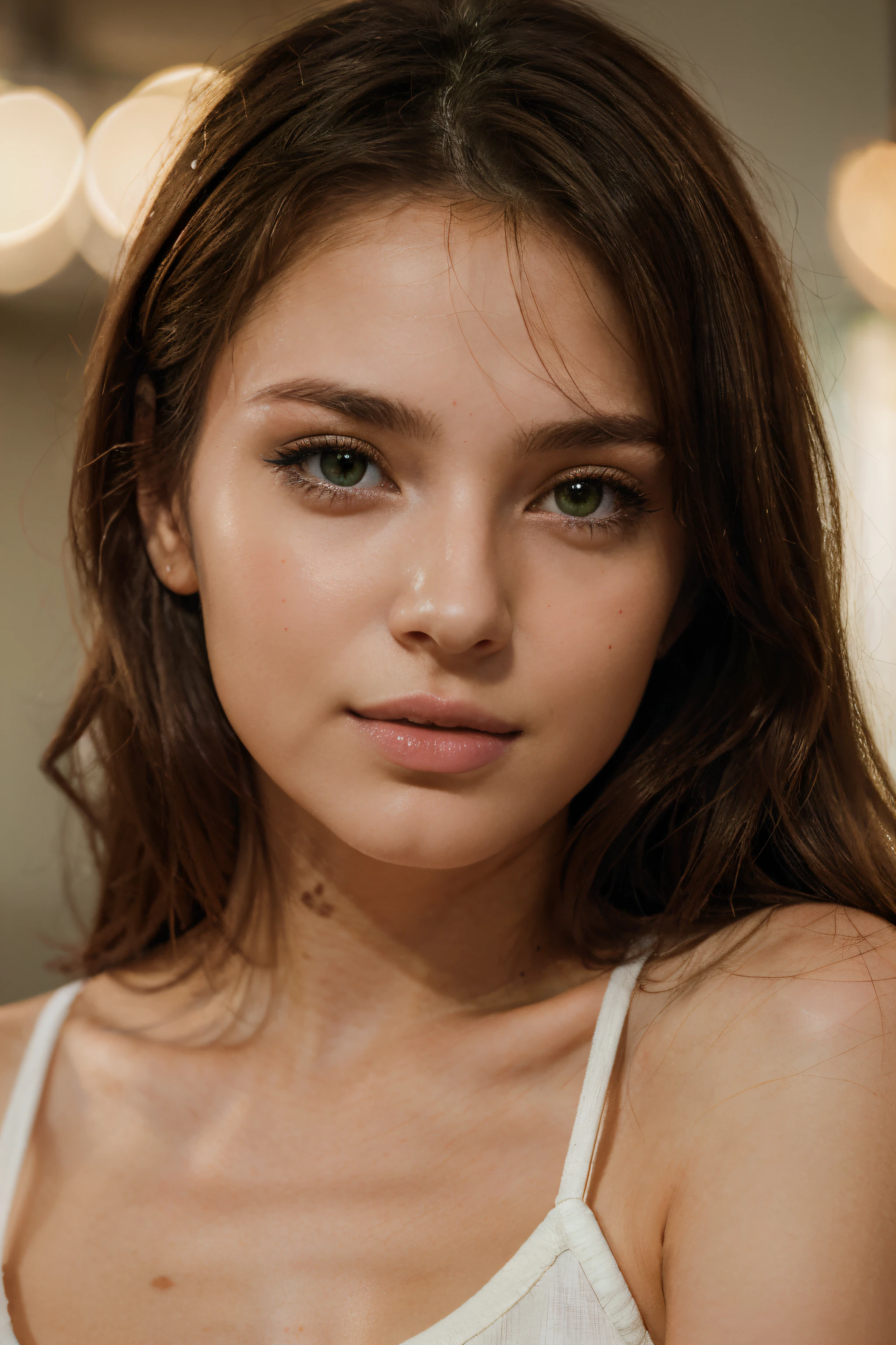 Portrait frontal photoréaliste d'une belle jeune femme (25 ans), brune aux yeux verts. 8k, Mixeur, Parfait