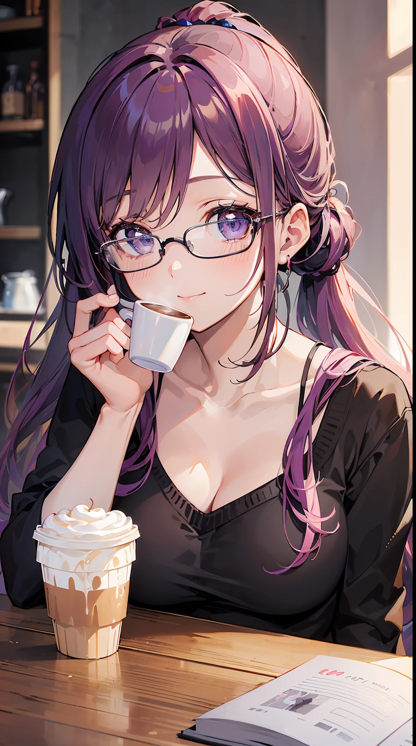 ((masterpiece:1.4)), ((best quality:1.4)), (ultra-detailed:1.4), ((kawaii)), cute, (lovely), ((sexy)), (ero), ((extremely detailed)), 4K, (8K), best quality, (beautiful), anime style, realistic, real, upper body, close-up of face, detailed face, focus on the face, cafe, a cute girl, 1girl, solo, sweater, jeans, beautiful purple hair, beautiful purple eyes, detailed eyes, ((beautiful eyes with highlights:1.3)), white-skinned, ponytail, transparent hair, translucent hair, large breast, glasses, ((hold a coffee cup :1.1)), coffee, light smile, neon light, reflection effect