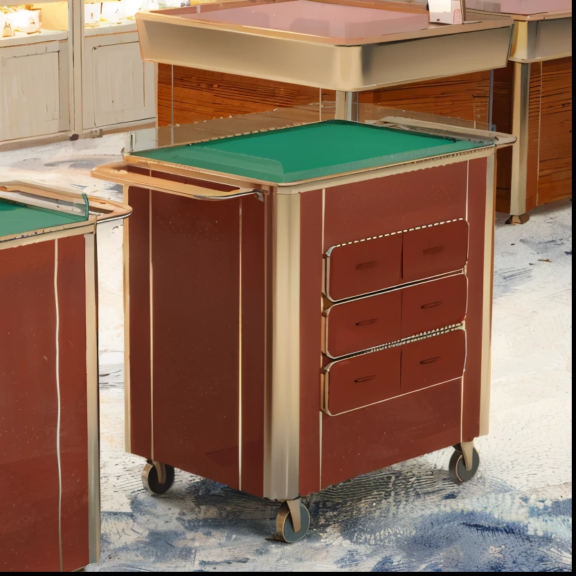 two red and green tables with drawers and a green top, cabinet furniture, luxury furniture, finely detailed furniture, elegant furniture, engraving, gaming table, luxury item showcase, extremely detailed furnitures, rendering, regale, cabinets, jia, office furniture, furniture design, wooden cabinet, furniture, cart, extremly high quality, designer furniture, amber