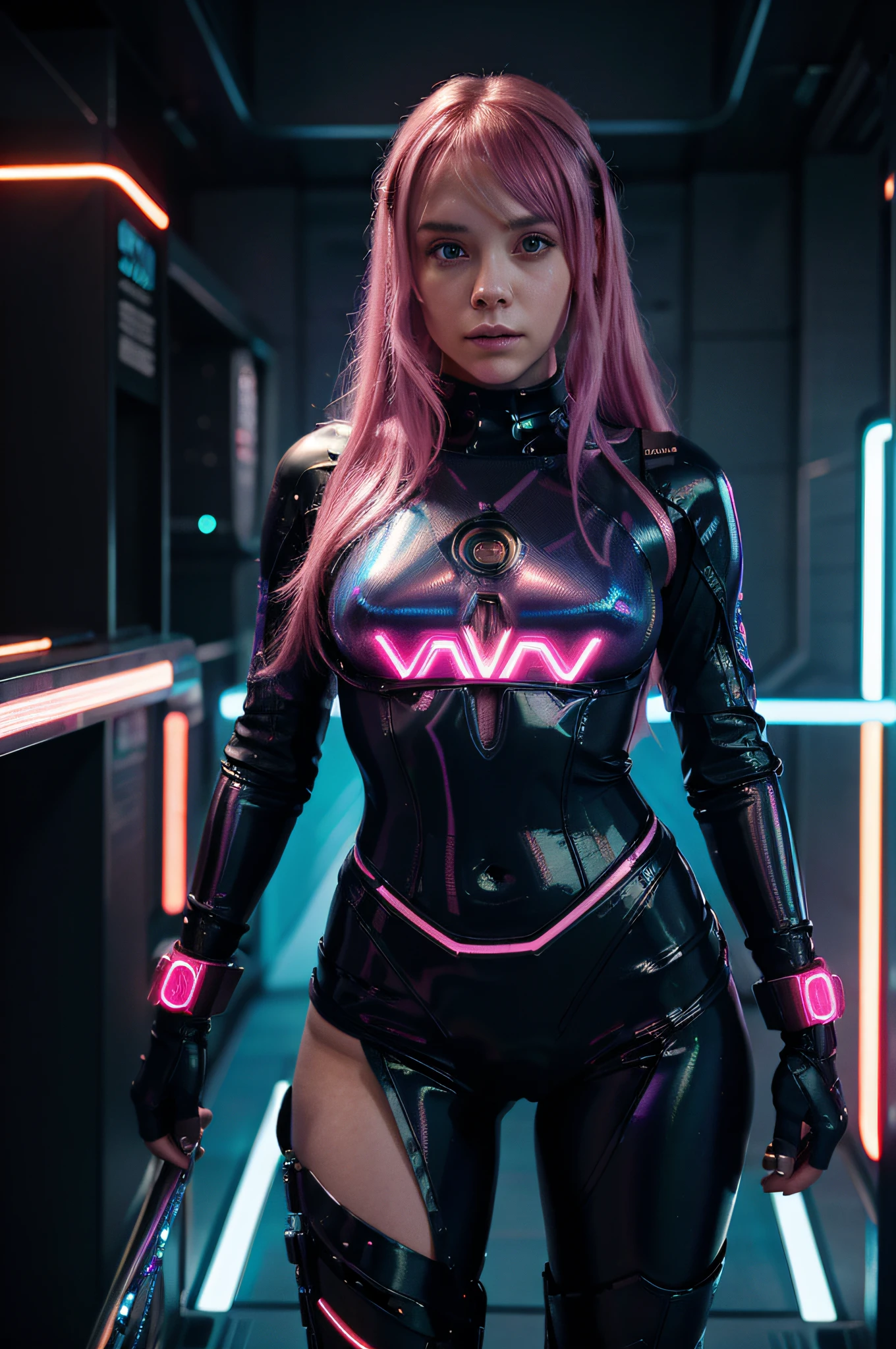 high quality, 8K Ultra HD, full body, have a cyber saber, a mesmerizing 20-year-old woman like Christina Ricci Nude with a futuristic beauty that seems to transcend time and space, intricately woven into her very being, encased in the cybernetic suit, move with fluidity and precision, Her flowing pink hair resembles streams of neon lights, casting a vibrant glow that adds a touch of cyberpunk brilliance to her appearance, Each strand of hair is meticulously crafted with holographic patterns that shimmer and shift, creating an ever-changing display of colors, by yukisakura, highly detailed,