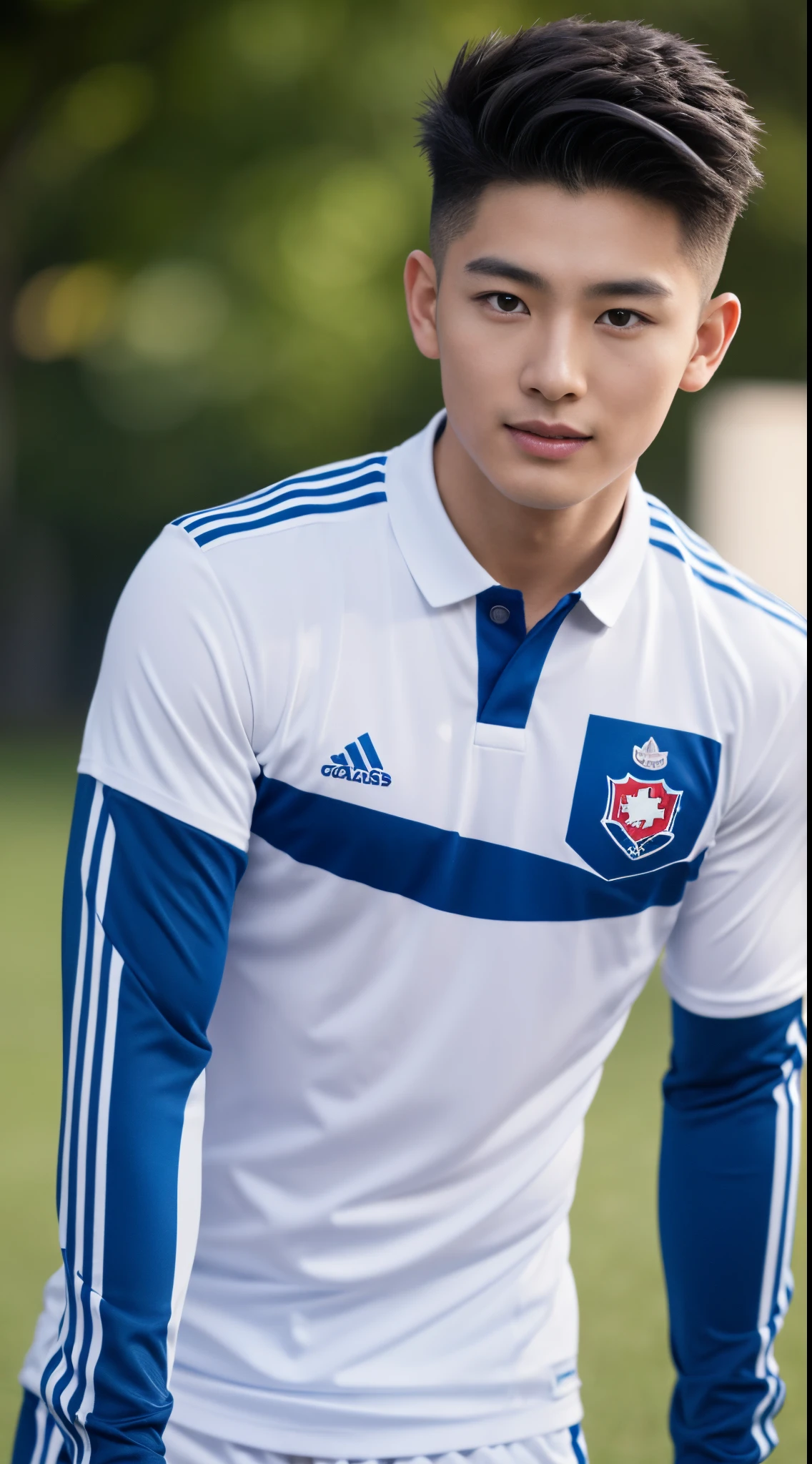 young Korean boy in a detailed soccer uniforms, soccer field background, blue and white color scheme :: high detail, highly detailed spider, highly detailed eyes, highly detailed fingers, Full Body Shoot, Quiff haircut, dynamic pose, look at camera, happy expression, detailed facial parts, Manly, perfect anatomy, symmetric body, asian, 19 years old, realistic, human skin, Short Hairstyle, handsome, open legs, attractive, masculine, sexually attractive, human skin, (eyes contact), Attractive, big bulge in hip pants, super fine, depth of field, perfect composition, centered