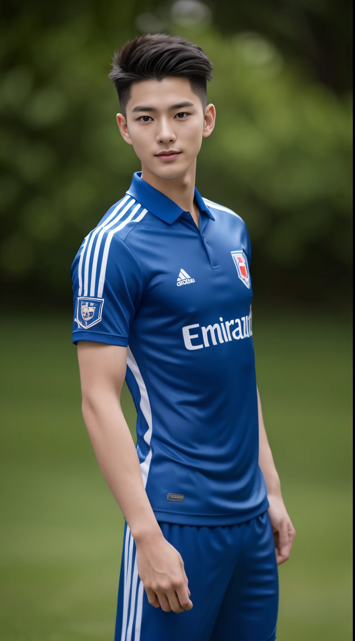 young Korean boy in a detailed soccer uniforms, soccer field background, blue and white color scheme :: high detail, highly detailed spider, highly detailed eyes, highly detailed fingers, Full Body Shoot, Quiff haircut, dynamic pose, look at camera, happy expression, detailed facial parts, Manly, perfect anatomy, symmetric body, asian, 19 years old, realistic, human skin, Short Hairstyle, handsome, open legs, attractive, masculine, sexually attractive, human skin, (eyes contact), Attractive, big bulge in hip pants, super fine, depth of field, perfect composition, centered