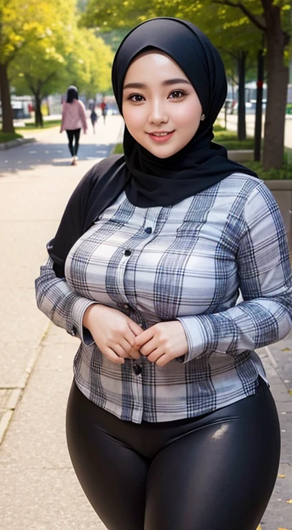 the best masterpiece, chubby hijab woman, beautiful Asian face, full breasts, wearing a checkered shirt, wearing black leggings, walking in the city park, smiling sweetly, facial details, body details, ultra detailed, realistic quality