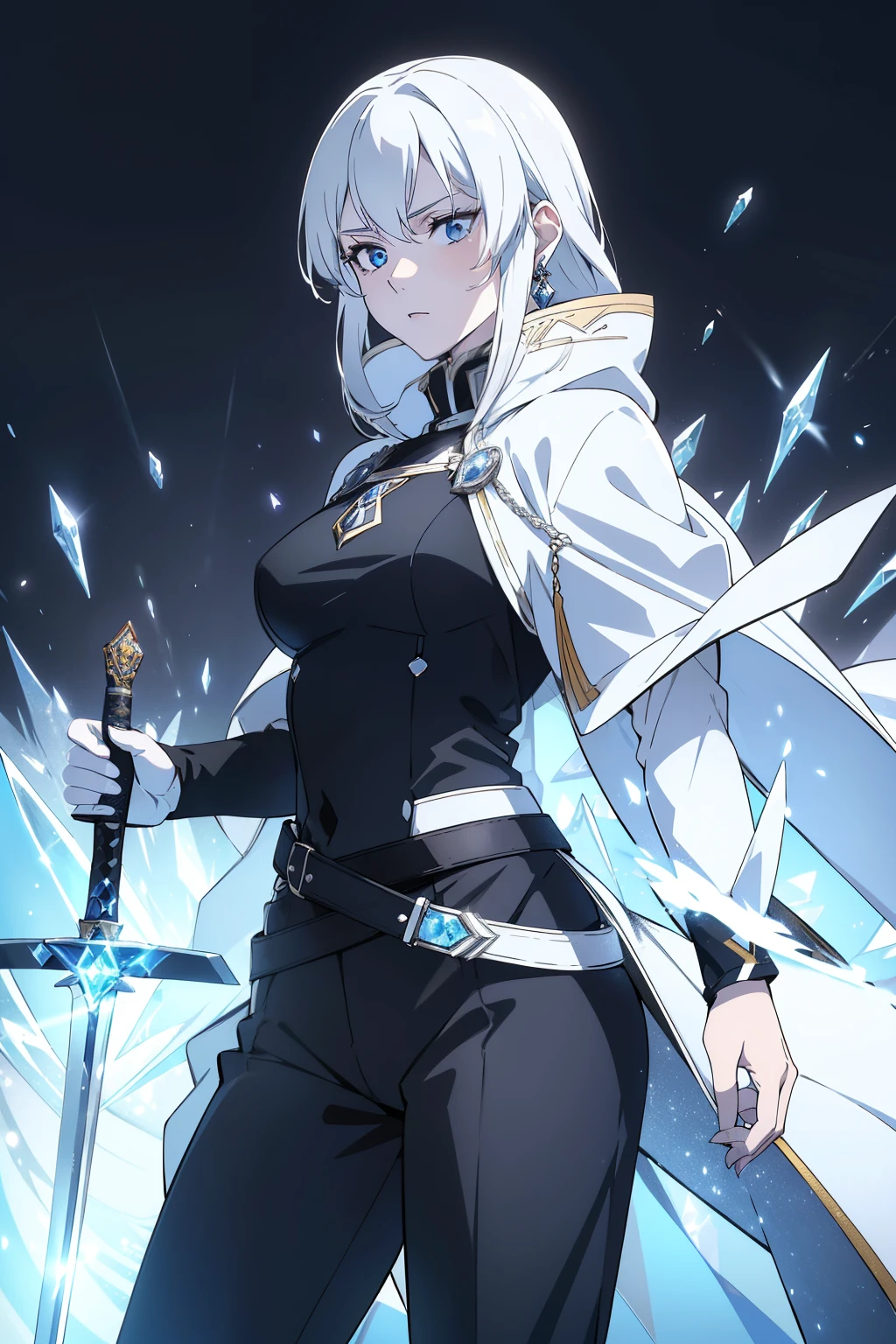 (best quality, high resolution), ultra-detailed, woman, young, 19 years old, swordsman, long white hair, snow-white skin, cold eyes, crystal blue eyes, black uniform with black pants, black clothing, white cape with hood. Crystal loga sword, shiny, (ultra-detailed sword, high resolution, best quality). Earring, crystal bottom