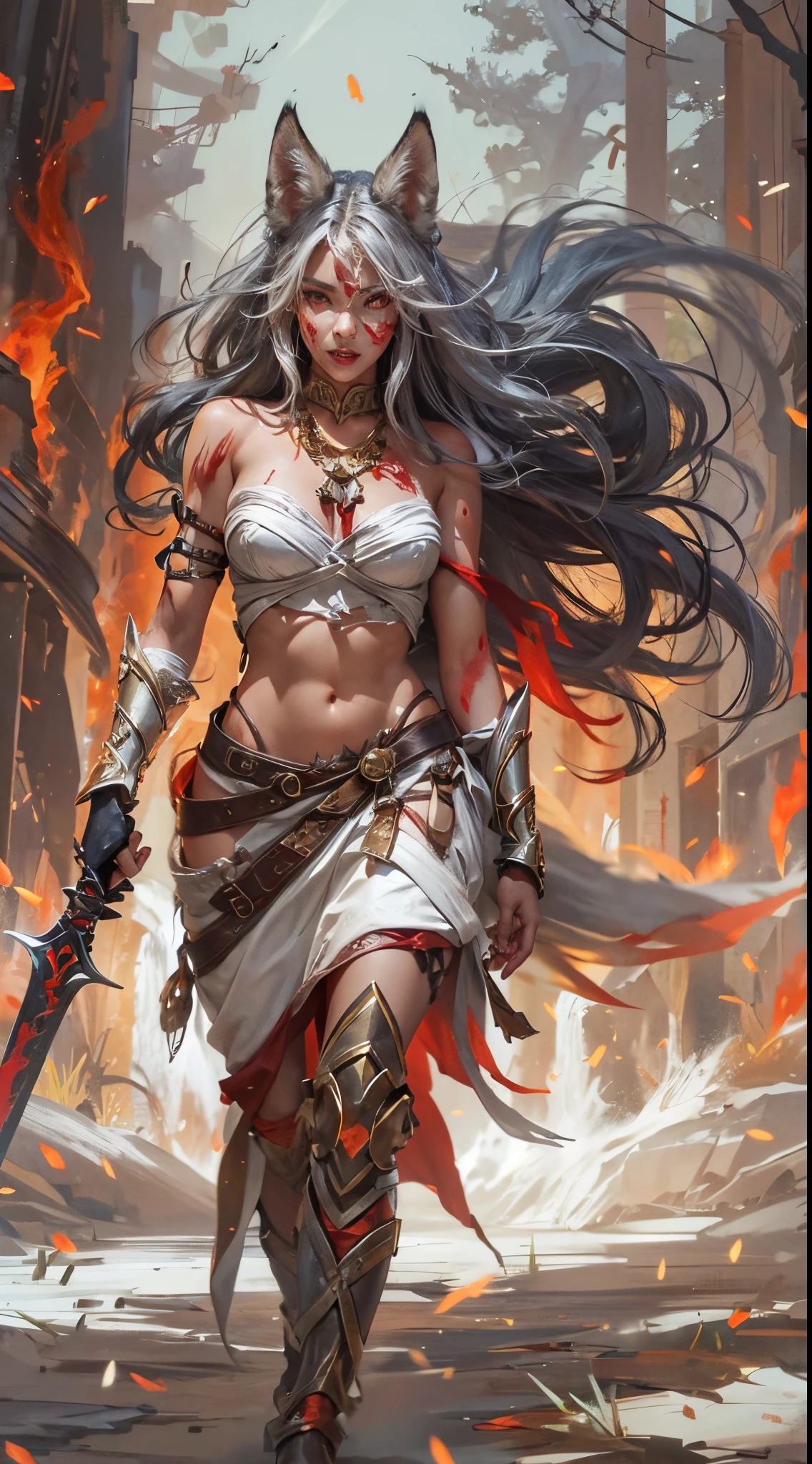 Shockingly Beautiful exotic tanned female kitsune barbarian walking toward the camera, slim fit slender toned lean, very muscular, curvy, holding a huge oversized spear with a stylized red glowing blade, long wild silver hair, glowing golden eyes, intense angry expression, slight wicked evil smile, blood splatter smeared and dripping, large red rage aura, having a large white wolf next to her, has blood is all over the wolf and mouth, a scars on the wolfs face, a burning village on the background.