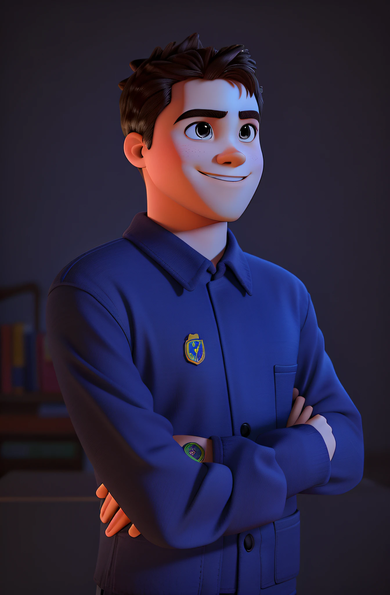 um menino dentro de uma biblioteca, em um dia de sol no estilo disney pixar,chibi , alta qualidade, melhor qualidade