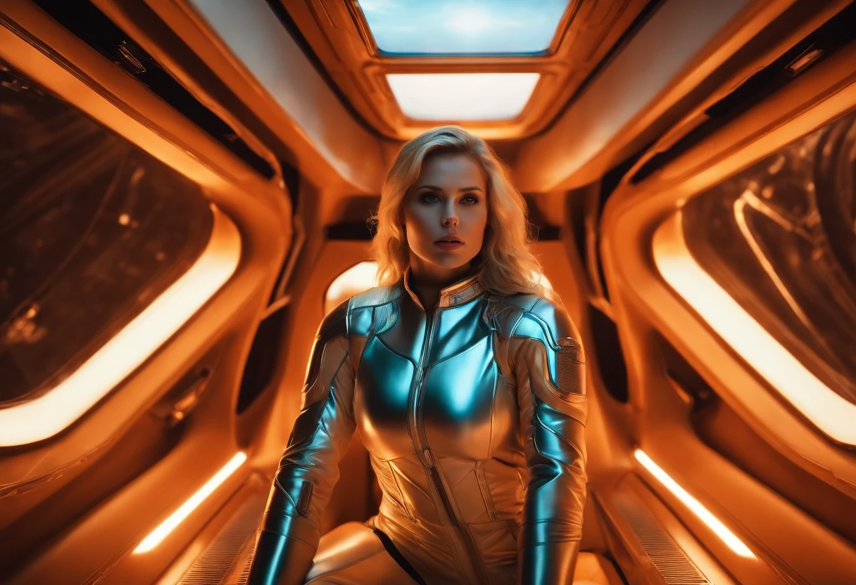(masterpiece, best quality), beautiful female, looking like Scarlette Johansson. space pilot with blue eyes and blond flying hair is wearing a futuristic space suit in latex, metallic, white, shiny, glowing light stripes in space suit inspired by TRON, space suit top, but wearing only boxer shorts, bare legs, preparing to go to bed, HD, the girl is floating around in zero gravity in a cabin of a futuristic spaceship, no gravity, weightless, flying around, through a window in the spaceship we can see the glowing sun from a close distance, subdued light in the spaceship, lots of displayers and instruments are the main source for the light in the scene, displayers in orange and blue light, a glowing orange light from the sun outside the space ship is dominating the scene, cinematic lighting in the hair, hair light, wind in the hair,