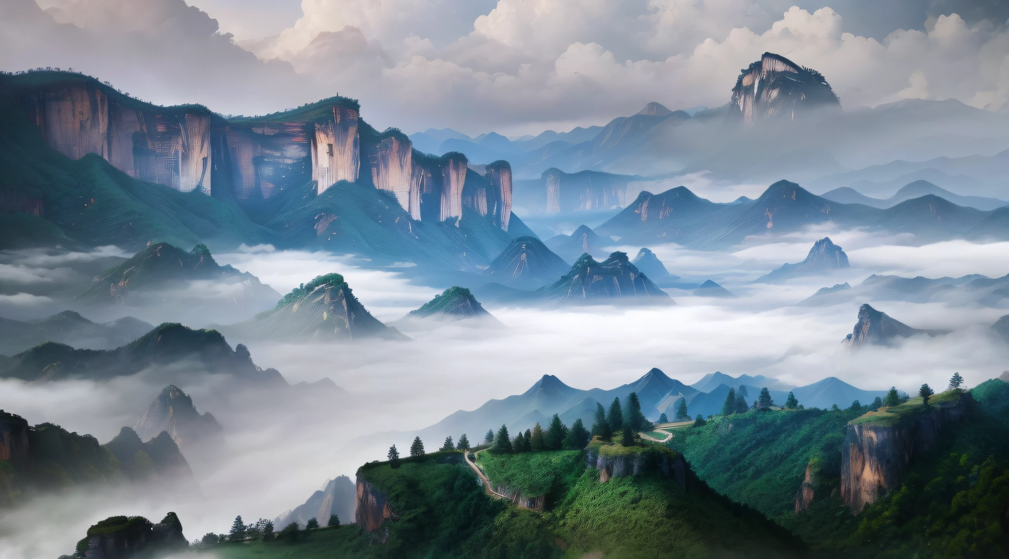 Chinese game CG, mountains surrounding, canyons, precipice, clouds, background of China, ancient buildings of China, Auspicious clouds, On the ground, Yamagata, super detailing, Epic work, hyper HD, high qulity, offcial art, Portrait wallpaper, mist in valley, misty mountains, Mountain fog background, 8K portrait wallpaper, 8K portrait wallpaper, 8K, dark misty valley