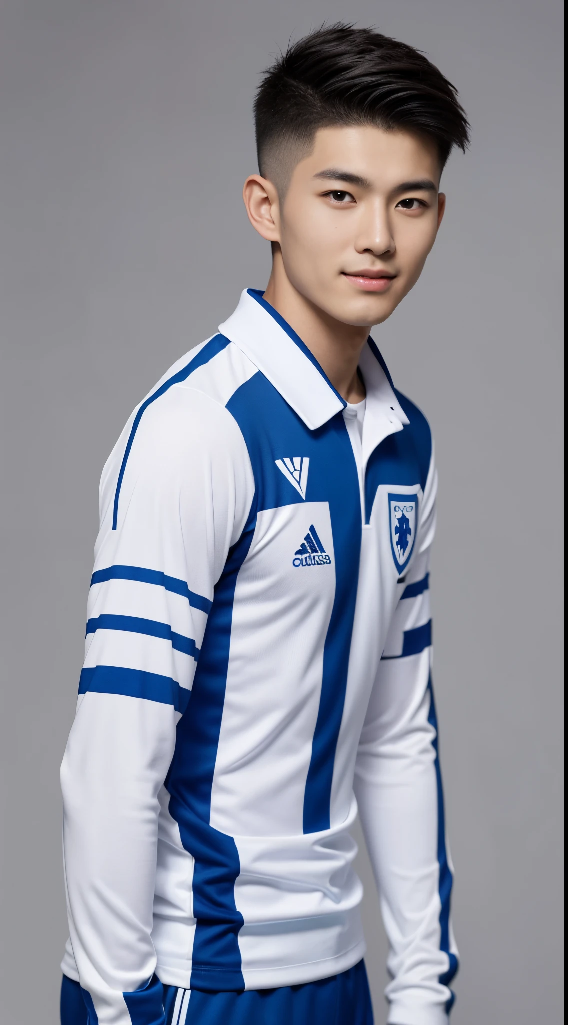 Korean boy, soccer uniforms, blue and white color scheme, blurred soccer field background, Highly detailed fingers, Full Body Shoot, Quiff haircut, look at camera, detailed facial parts, Manly, Freestyle Pose, happy expression, perfect anatomy, symmetric body, asian boy 19 years old, high detail, asian, realistic, human skin, Short Hairstyle, handsome, masculine, attractive, human skin, (eyes contact)