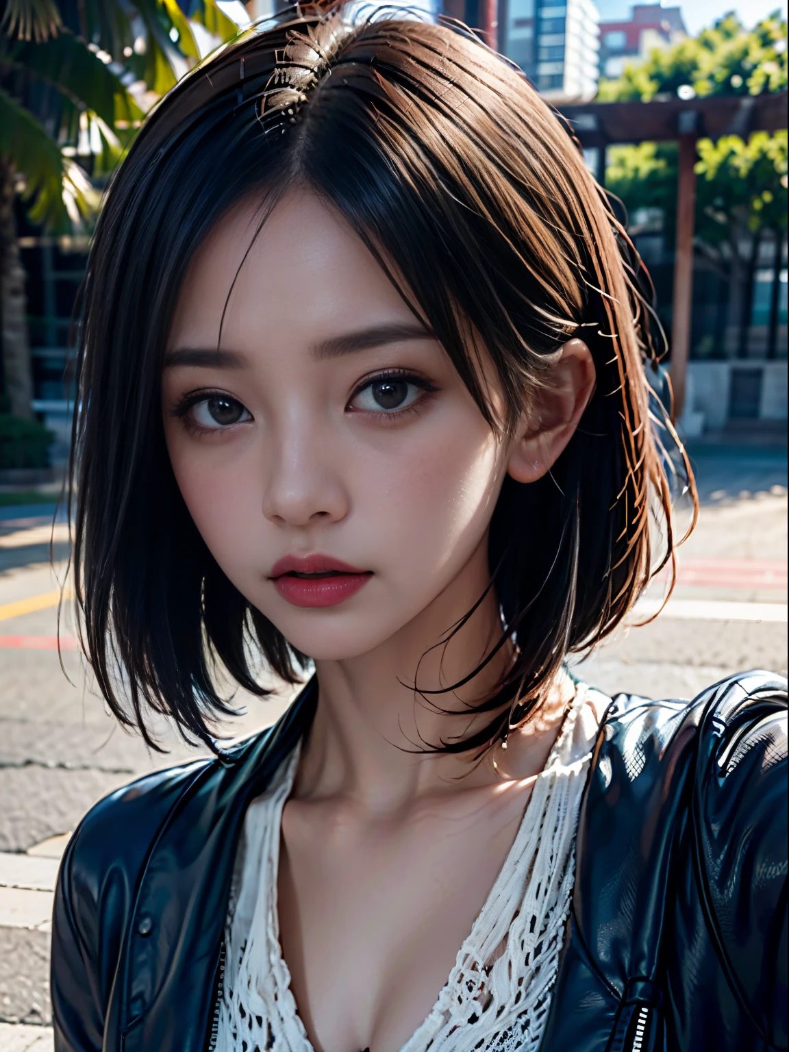 Film Portrait Photography、1girl in、The shirt、shorth hair、Gentle、merciful、Gentle gaze、(Realistic detailed eyes、natural skin textures、Realistic face details)、Soft dramatic lighting、depth of fields、bokeh dof、vibrant detail、细节、A hyper-realistic、35mm Film、Blurring、put out the tongue、Embarrassed look