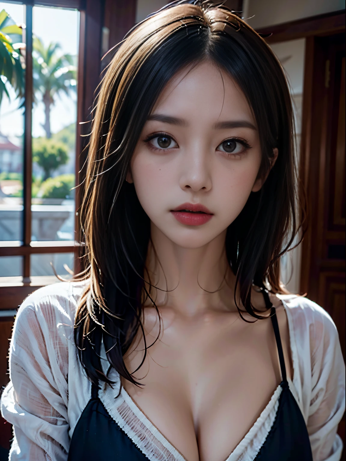 Film Portrait Photography、1girl in、The shirt、shorth hair、Gentle、merciful、Gentle gaze、(Realistic detailed eyes、natural skin textures、Realistic face details)、Soft dramatic lighting、depth of fields、bokeh dof、vibrant detail、细节、A hyper-realistic、35mm Film、Blurring、put out the tongue、Embarrassed look