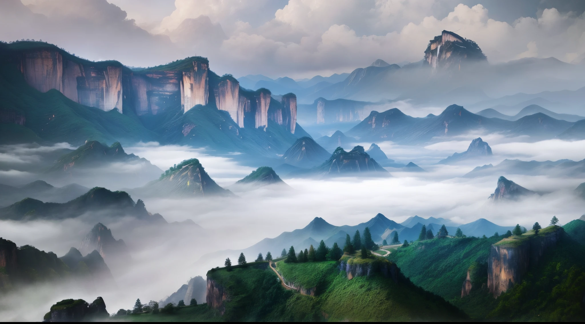 Chinese game CG, surrounded by mountains, canyons, cliffs, clouds, Chinese background, Chinese ancient architecture, Xiangyun, on the ground, mountain shape, super detail, epic work, ultra HD, high quality, official art, Portrait wallpapers, Mist in the valley, Misty mountains, mountain fog background, 8k portrait wallpapers, 8k portrait wallpapers, 8k, dark misty valley