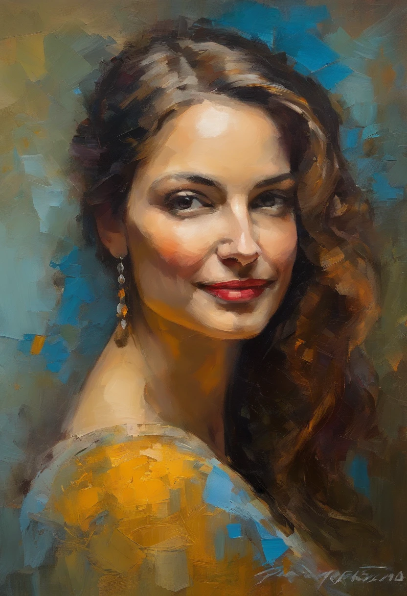 Retrato de la Monalisa, Mujer muy hermosa, Cabello largo y rubio, Smiling eyes looking at the camera, boca sonriente, Expone el vestido azul P, acrylic painting, Pinceladas audaces y expresivas, Estilo impresionista, Espectacular fondo surrealista, Pinceladas muy pesadas con pintura texturizada espesa, Expert lighting and shadows, alto contraste, Pintura de Bellas Artes, Wadim Kashin.