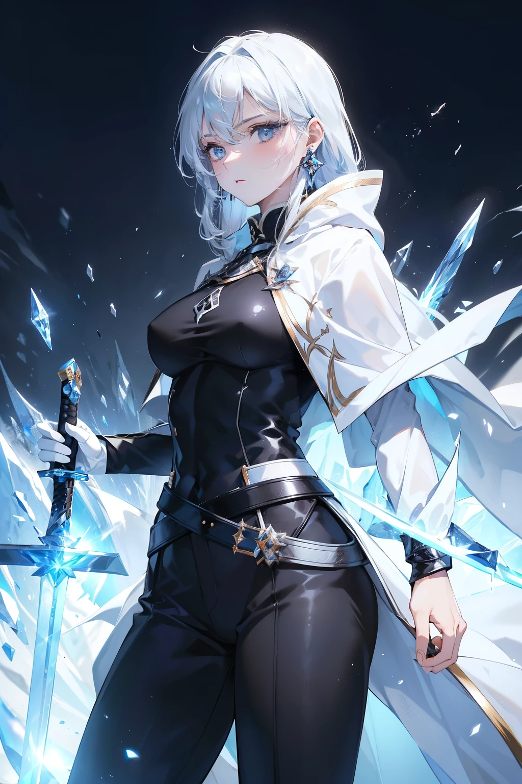 (best quality, high resolution), ultra-detailed, woman, young, 19 years old, swordsman, long white hair, snow-white skin, cold eyes, crystal blue eyes, black uniform with black pants, black clothing, white cape with hood. Crystal loga sword, shiny, (ultra-detailed sword, high resolution, best quality). Earring, crystal bottom