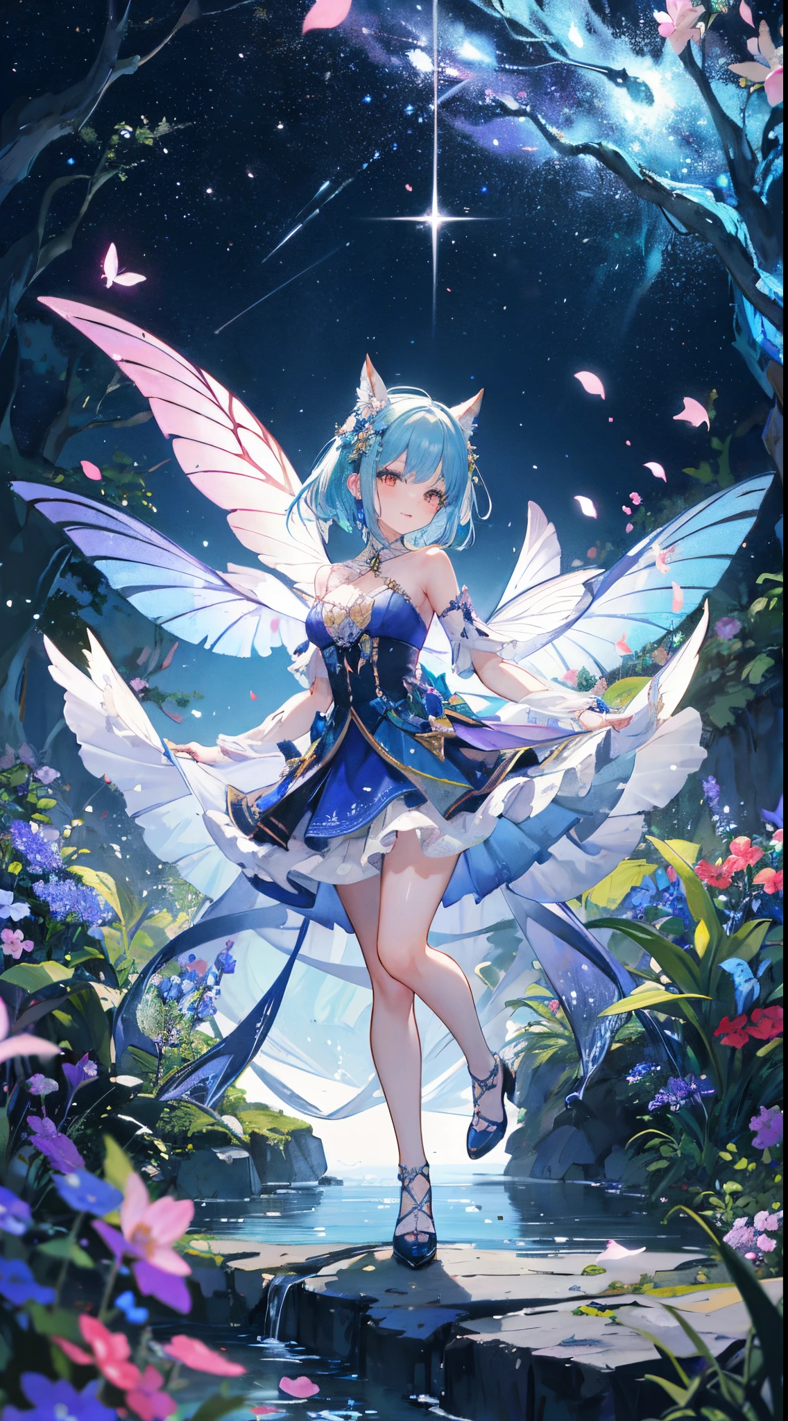 In a realm of enchantment, within a magical forest, a mystical fairy girl emerges, a radiant being adorned in gossamer threads of moonlight. Her skirt, woven from petals and stardust, shimmers with an iridescent glow, reflecting the celestial canopy above. Flowering trees々As she flutters her wings in the midst of sparkling fireflies, the air resonates with the ethereal symphony of nature's whispers, Creating a place where dreams and reality are intertwined,Dances that form pure charm,Mo size,Full body photo,中景 the scene is,Close-up of people,butterflys,Torpical Garden