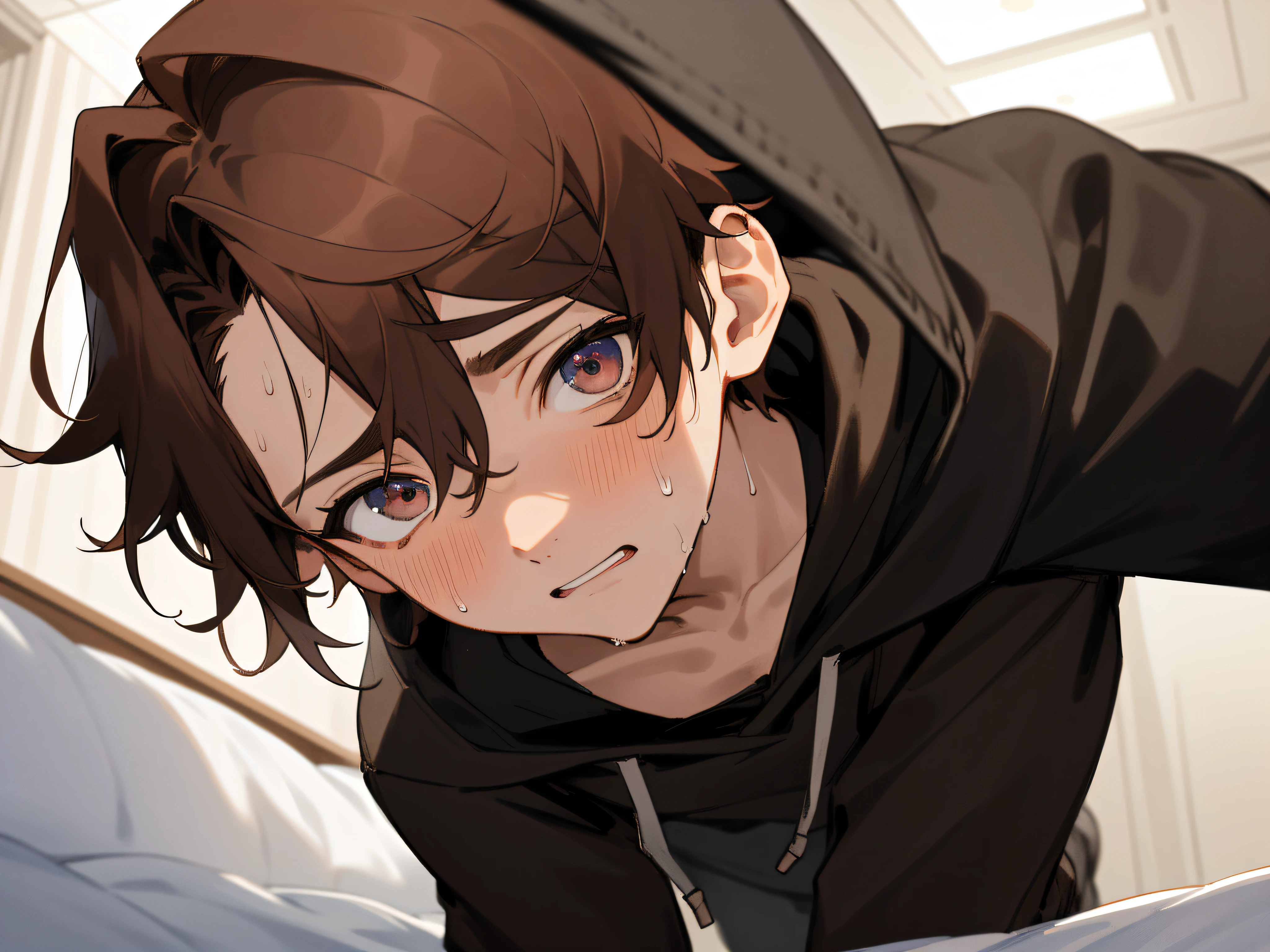 Man's, 26 years old,1 boy、Brown hair、Black hoodie,eyes are brown,Angle from below,Viewer from below,close up of face,Push your audience down,get on board,Sweating,Impatient expression,Background Hotel,a bed,up on the face,