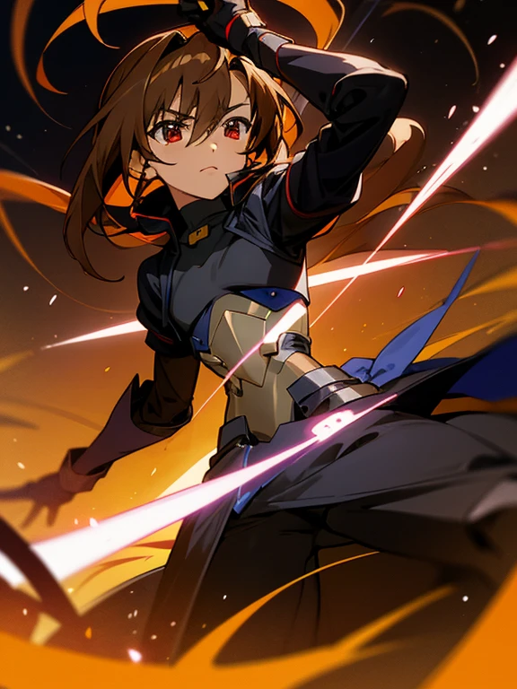 (Dark skin otokonoko), (1 boy) very long dark brown hair, red eyes, (flat chested) wearing Magical Girl Lyrical Nanoha StrikerS: Vivio Takamachi black barrier jacket,  black armoured bodysuit, black gauntlets, magic circles,