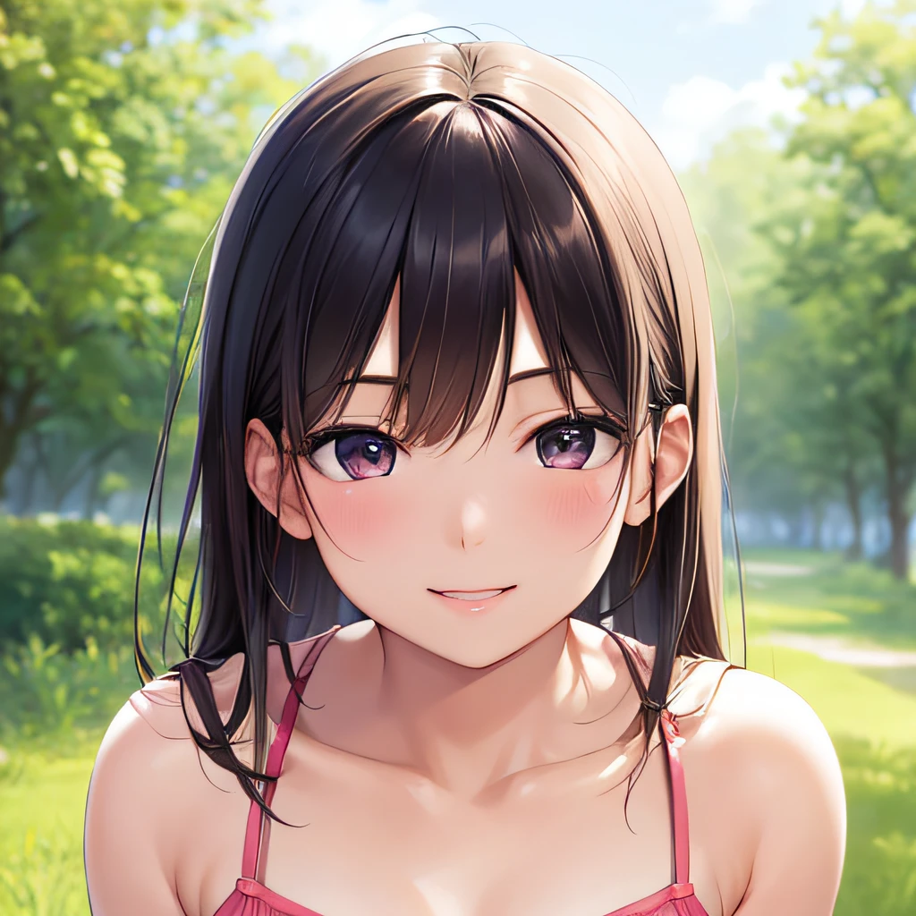 photographrealistic, (masutepiece,Best Quality:1.4),(8K,Raw photo,photographrealistic:1.2), Detailed skin,Detailed face,1girl in,Japanese Idol,Cute face, Black hair,Small breasts, slender, shiny eyes, Smile, BREAK (Side view:0.6), Cute camisole, pastel color