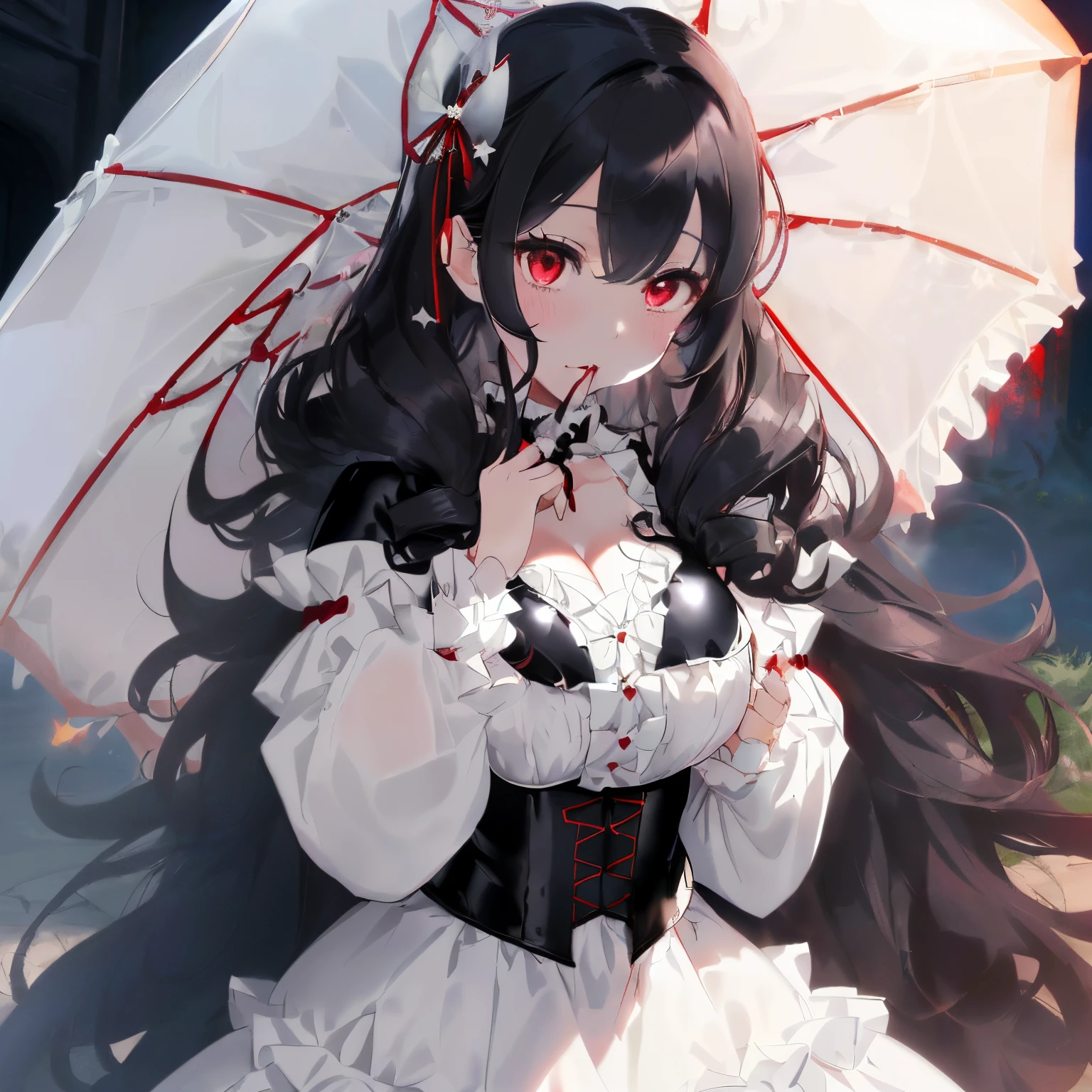 ((Black hair)),((curly fluffy hair)),((Super long hair)),((pale red eyes)),(double sleeve long sleeve clothes),(((A fluffy white dress with lots of ribbons on the chest))),((Black leather corset)),((A voluminous and luxurious costume like a princess)),((The hem of the dress is so long that it touches the ground and sways in the wind..)),((A parasol with cute frills)),((Feeling of fatigue and weakness)),Slight red tide,(stare at me with your mouth open),(Vampires),((long fangs)),(Yodare),(Kamimei),(((close up of face))),((Cute mascot-like black creature)),(Extra large full moon night),