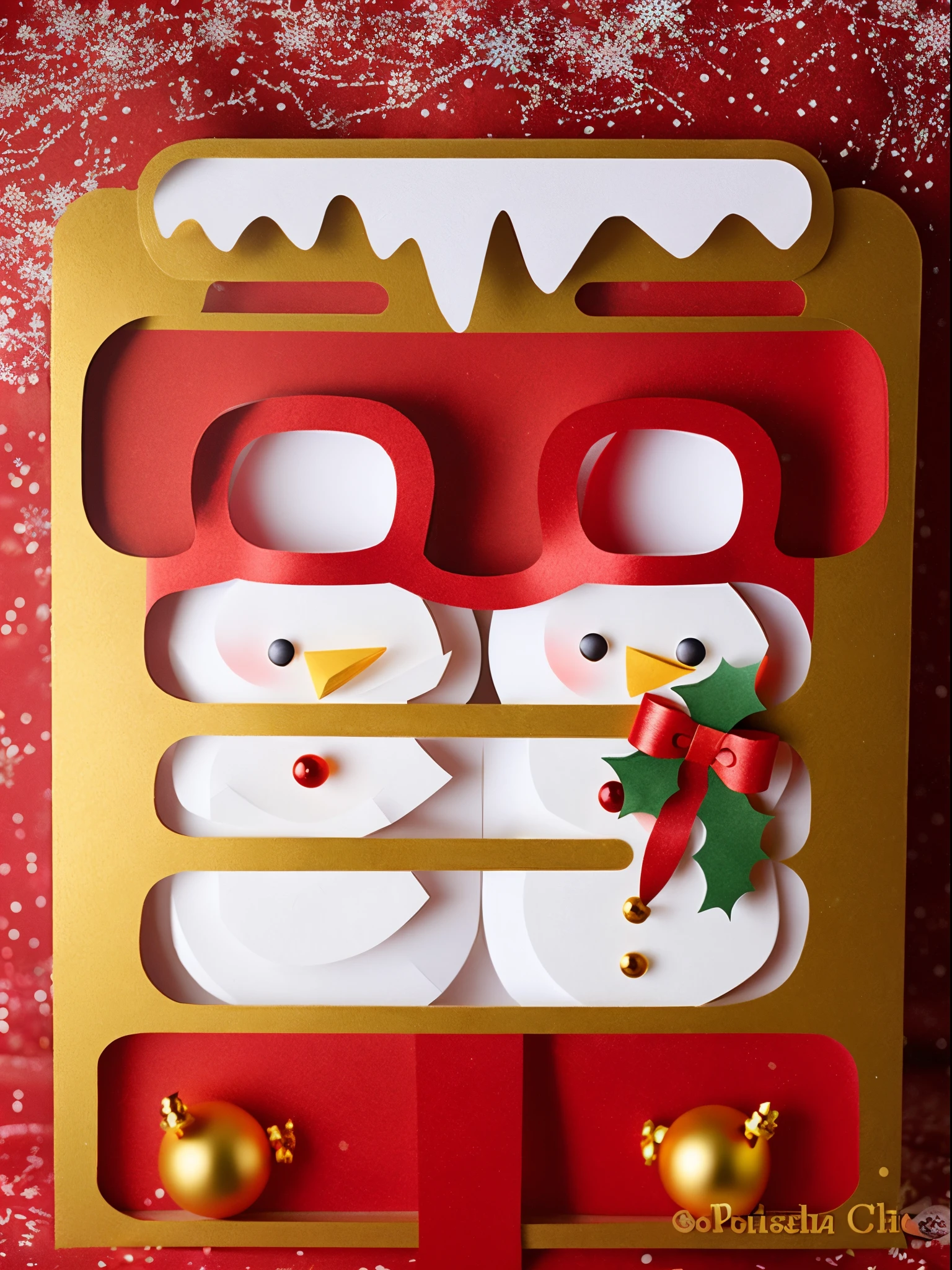 (Christmas poster design),Creative text design,(Cute Snowman),Golden bells,Red gift box,santa,Background with:Lots of snowflakes,pixar-style,Cartoonish,paper cut out,Ice sculpture art