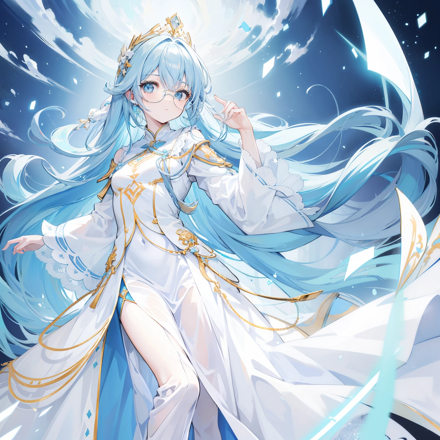 Long blue hair,White glasses,appearance々The light blue and pale yellow princess dress looks a little intelligent and cute, poor and simple