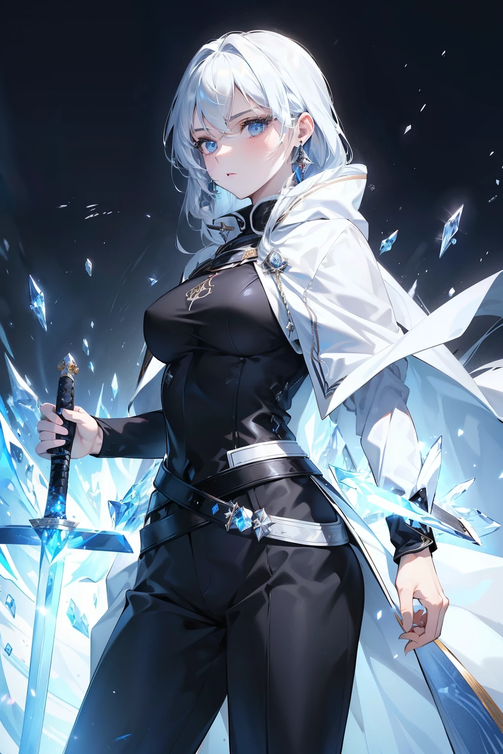 (best quality, high resolution), ultra-detailed, woman, young, 19 years old, swordsman, long white hair, snow-white skin, cold eyes, crystal blue eyes, black uniform with black pants, black clothing, white cape with hood. Crystal loga sword, shiny, (ultra-detailed sword, high resolution, best quality). Earring, crystal bottom