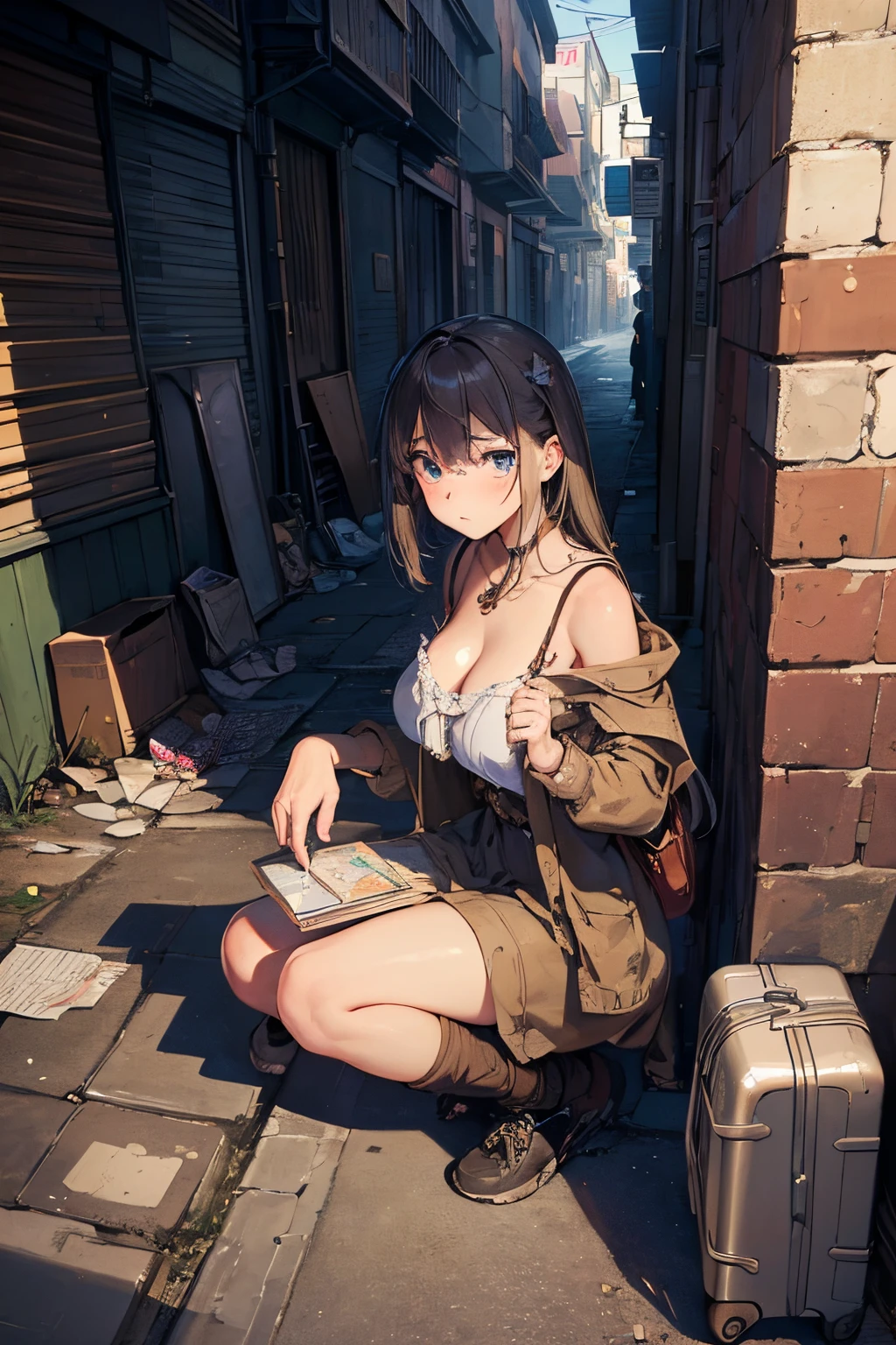 (best quality:1.3), (masterpiece:1.1), (illustration:1.2), (ultra-detailed:1.2), beautiful detailed eyes, beautiful detailed girl, (1girl), anime girl, huge breast, (homeless), (beggar), sad, alleyway, sitting on the ground, homeless outfit, (suitcase, bag), shabby clothes, poor, crumpled, (cardboard:1.3)