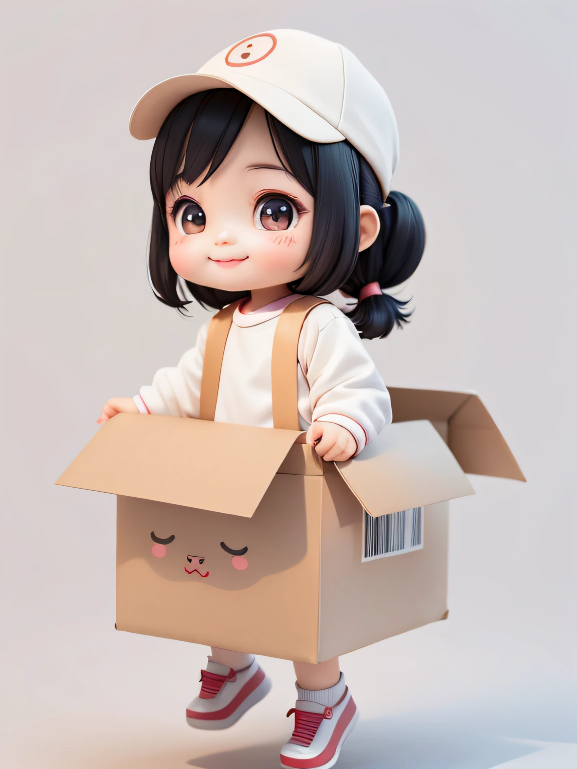Illustration of a cute Asian baby holding a delivery box.. girl, I have big eyes and double eyelids... Smiling. Only the upper body appears., Clothes that feel like they were delivered by courier. The background is white.