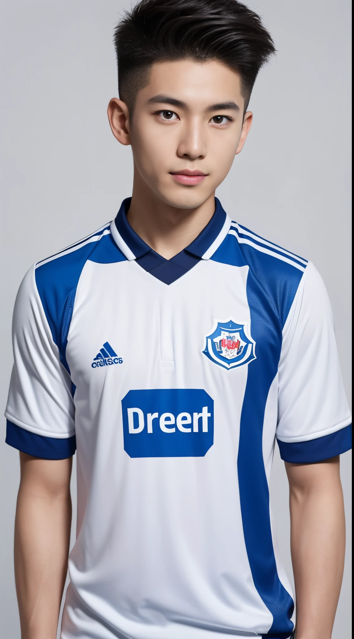 Korean boy, soccer uniforms, blue and white color scheme, blurred soccer field background, Highly detailed fingers, Full Body Shoot, Quiff haircut, look at camera, detailed facial parts, Manly, Freestyle Pose, happy expression, perfect anatomy, symmetric body, asian boy 19 years old, high detail, asian, realistic, human skin, Short Hairstyle, handsome, masculine, attractive, human skin, (eyes contact)
