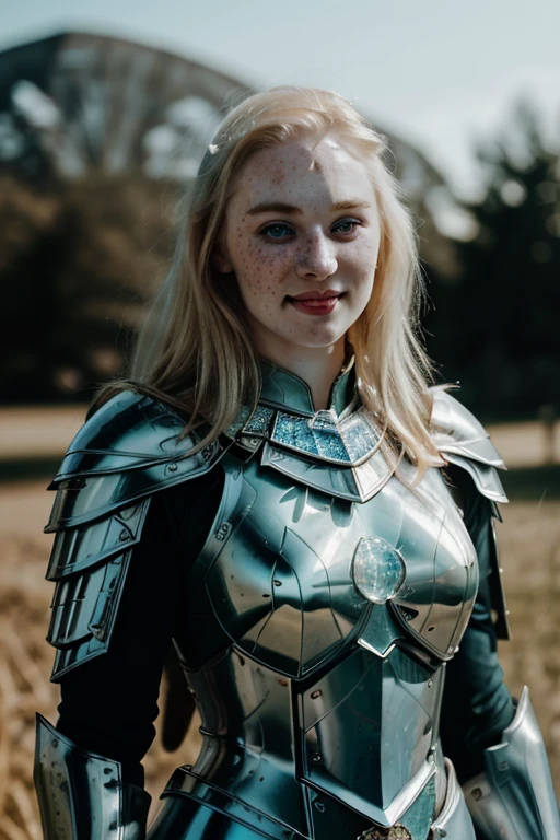 Ultra realistic photography of dbwl woman with many huge beauty marks on her natural pale white skin  ,    ( (medium shot )) ,  (full body portrait), 
 (SFW),  (((wearing crystal knight armor that is glowing ))), upper arms,  ((in frame)),  

 ((fighting stance)),   natural (  pale light blonde eyelashes) , blue eyes, medieval background,
 detailed Natural pale white skin  with (many huge round beauty marks) , smile, light pale blonde eyebrows,
 happy, clean cheeks,
detailed, natural light blonde,  outdoors, sunny, high resolution, photograph, RAW photo, crystal4rmor, [[sexy]]