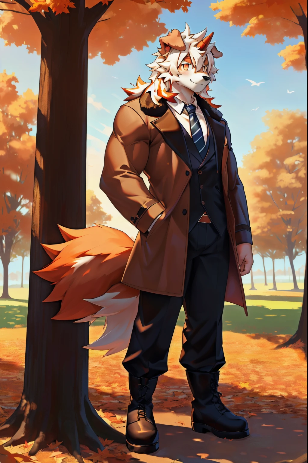 (thick arms:1.2),(thick legs:1.1),masterpiece, best quality, official art, extremely detailed CG unity 8k wallpaper, ultra-detailed, best illustration, hung (/arknights/), white fur, furry male, dog boy, furry, two-tone fur, 1boy, multicolored hair, male focus, horns, streaked hair, dog ears, animal ears, single horn, brown fur, bangs, orange hair, white hair, medium hair, solo, orange tail,fluffy tail,(black pupils),tall,(shy),on the park,in autumn,boots,(sexy),((tall and strong)),side face,(detailed eyes),orange eyes,male,solo,black pupils),(detailed face),(sharp eyes),standing,blush,(detailed hands),(detailed feet),adult,kind,gentle,long legs,(detailed fingers),(detailed eyes),(brown coat),(white T-shirt),(black trousers),relaxed,(muscle),tie,dog nose