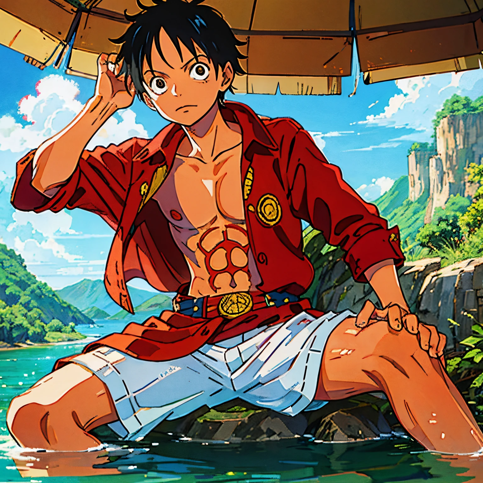 a close up of a person monkey D Luffy, Boa Hancock sitting on a blanket near a lake,