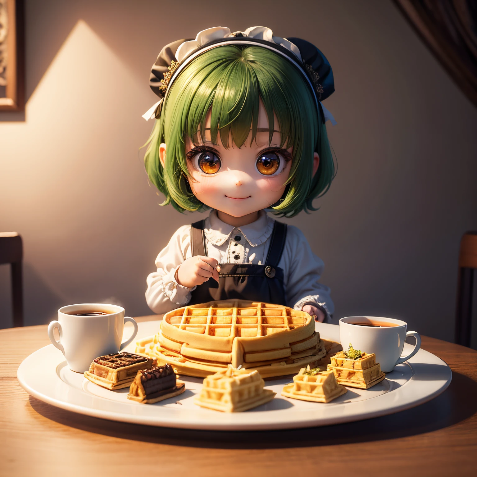 masterpiece、top-quality、ultra-detailliert、(Chibi Chara's Daughter:1.2)、green bob、(waffle:1.2)eats、The table、Multiple waffles on a plate of Noritake、Coffee Cup、A smile、Renaissance dresses、