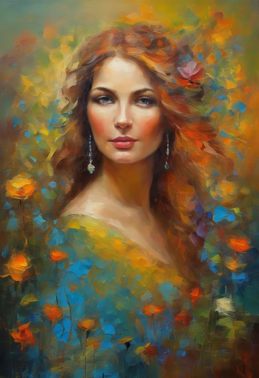(aesthetic,Altas Resoluciones),(La mejor calidad,オイル:1.2),retrato de la monalisa,hermosos ojos detallados,hermosos labios detallados,Piel radiante,hermosas flores,luz solar nebulosa,pinceladas delicadas,vivid colors,cabello ondulado,hierba suave,Ambiente tranquilo, , senos